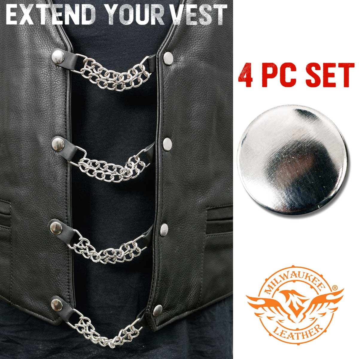 Milwaukee Leather Silver/Chrome Medallion Vest Extender - Double Chrome Chains Genuine Leather 6.5 Extension 4-PCS MLA6015SET