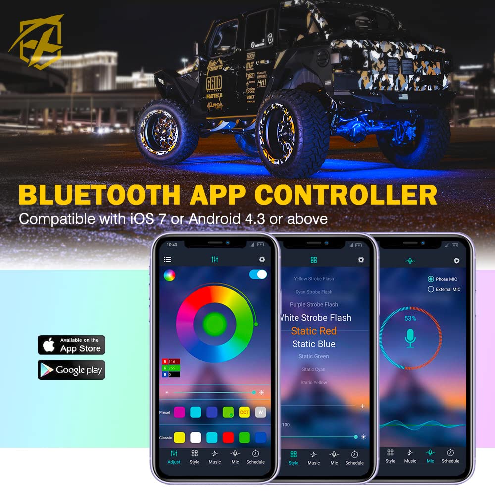 Xprite Rgbw Led Rock Lights Kit W/Bluetooth & Wireless Remote Controller, Multicolor Cars Underglow, Whee Well, Footwell Neon Li