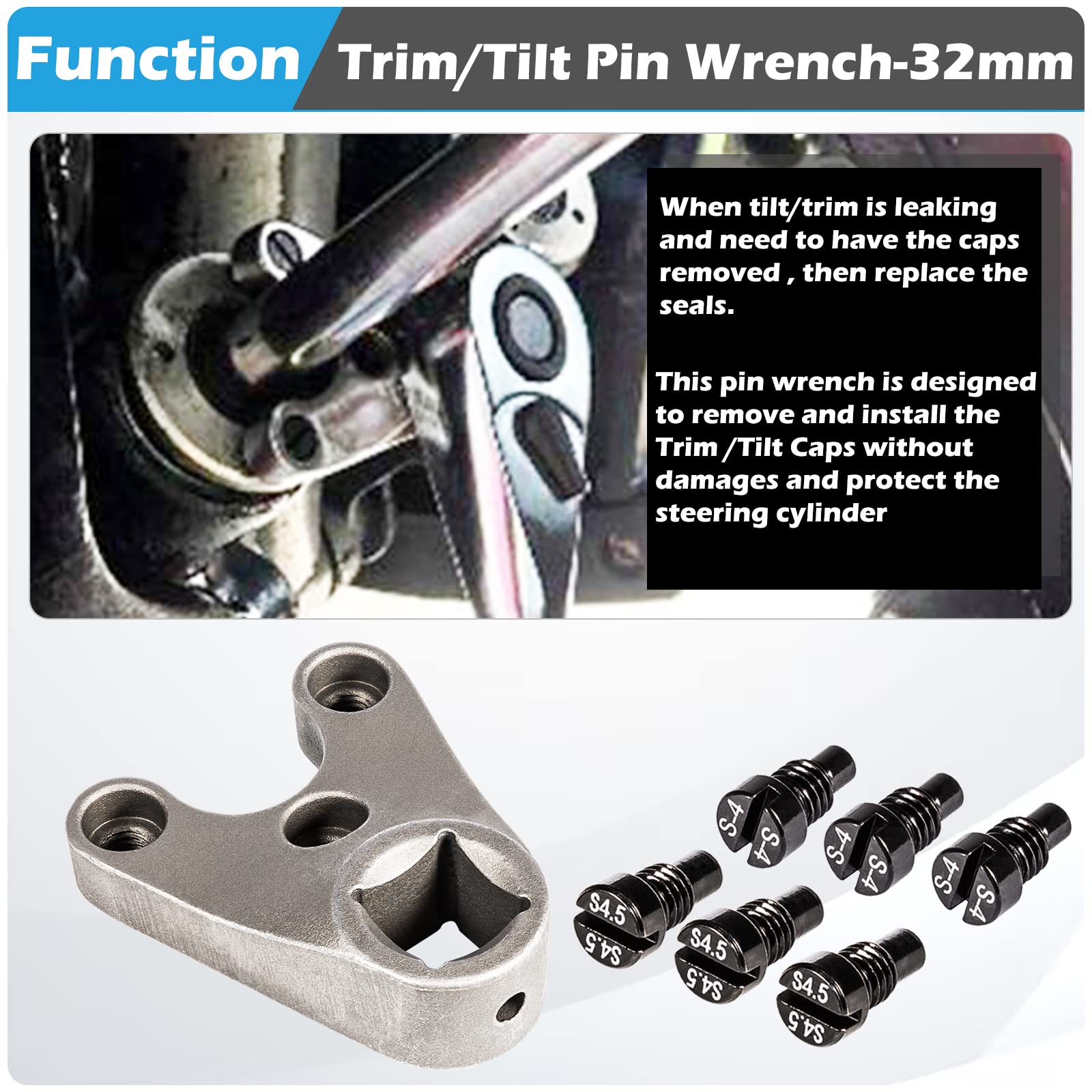 Trim/Tilt Pin Wrench MT0006-32mm x 4/4.5mm Remove Trim/Tilt Caps on Hydraulic Cylinders Compatible for Yamaha Suzuki Johnson Evi