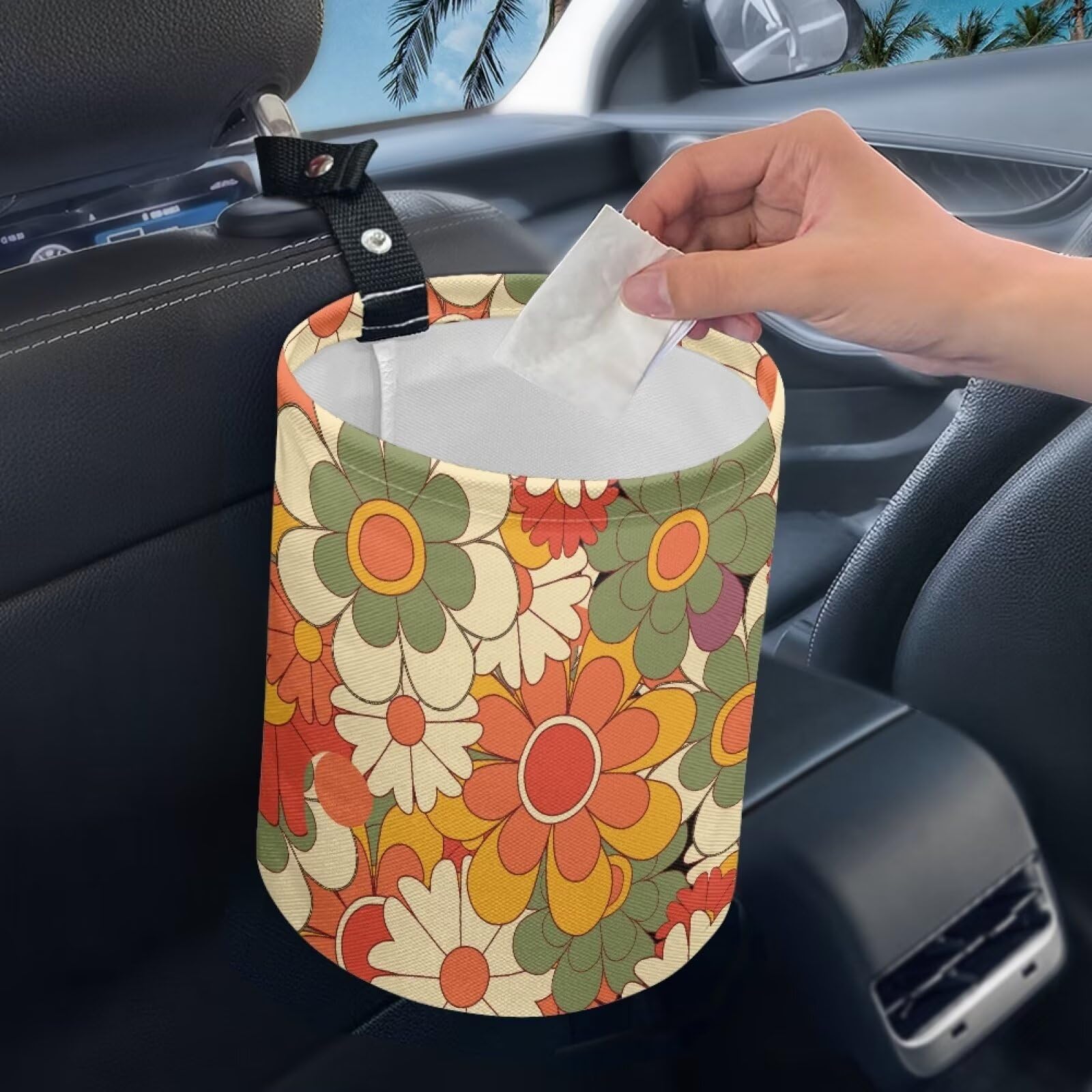 Brosoneto Colorful Groovy Flower Print Portable Car Garbage Bin Reusable Collapsible Hanging Portable Dustbin Bin Waste Basket C
