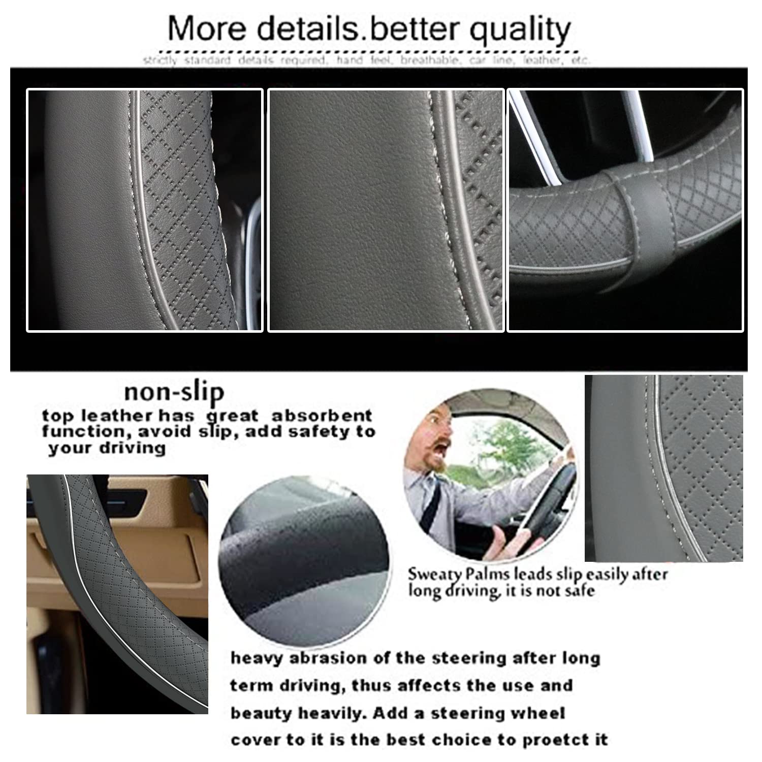 Car Steering Wheel Cover, Anti-Slip, Safety, Soft, Breathable, Heavy Duty, Thick, Full Surround, Sports Style (Gray)