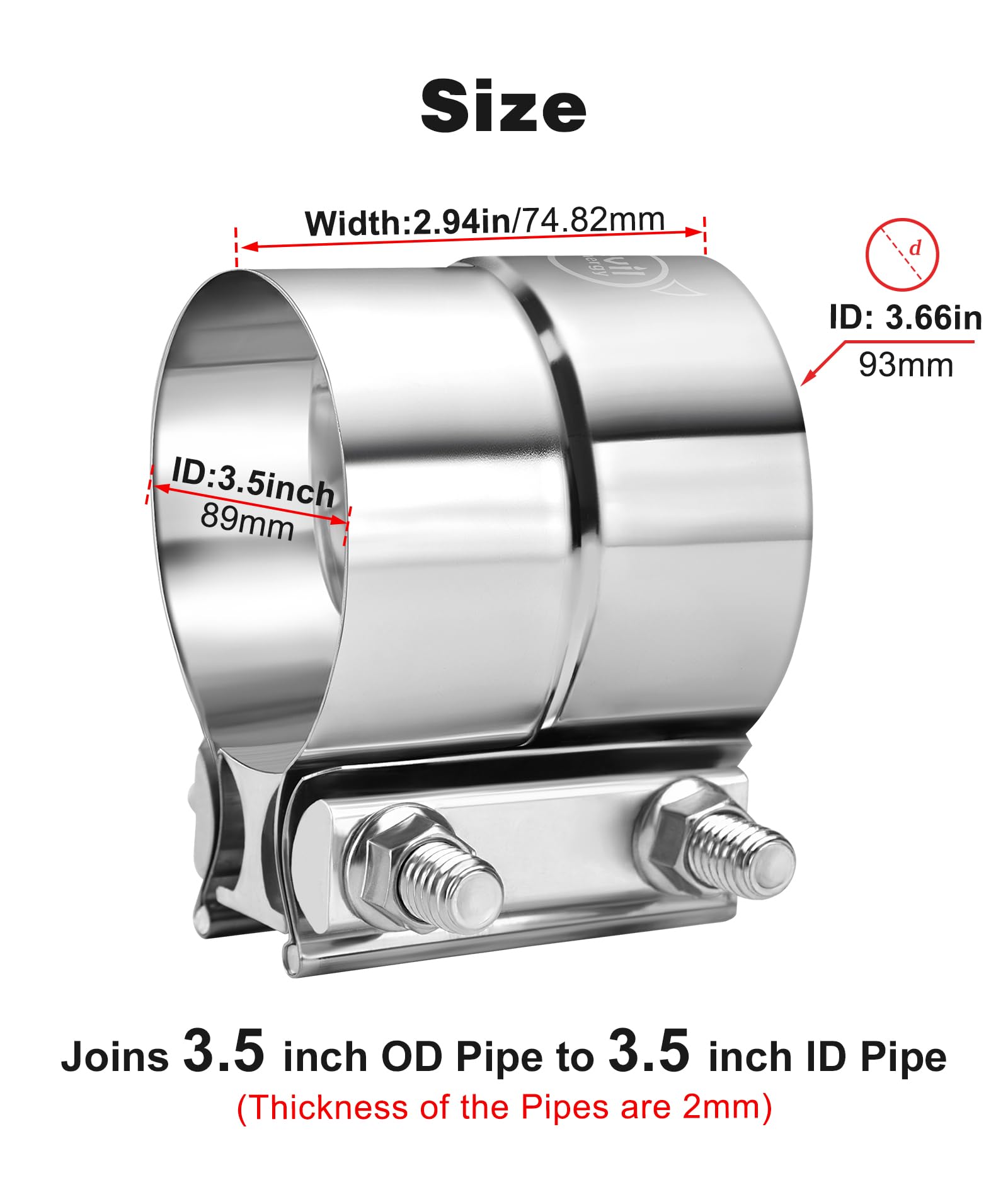 Evil Energy 3.5 '' Exhaust Clamp,3 1/2In Lap Joint Band Clamp Stainless Steel For Pipes,Mufflers,Catalytic Converters (2Pcs, 3.5