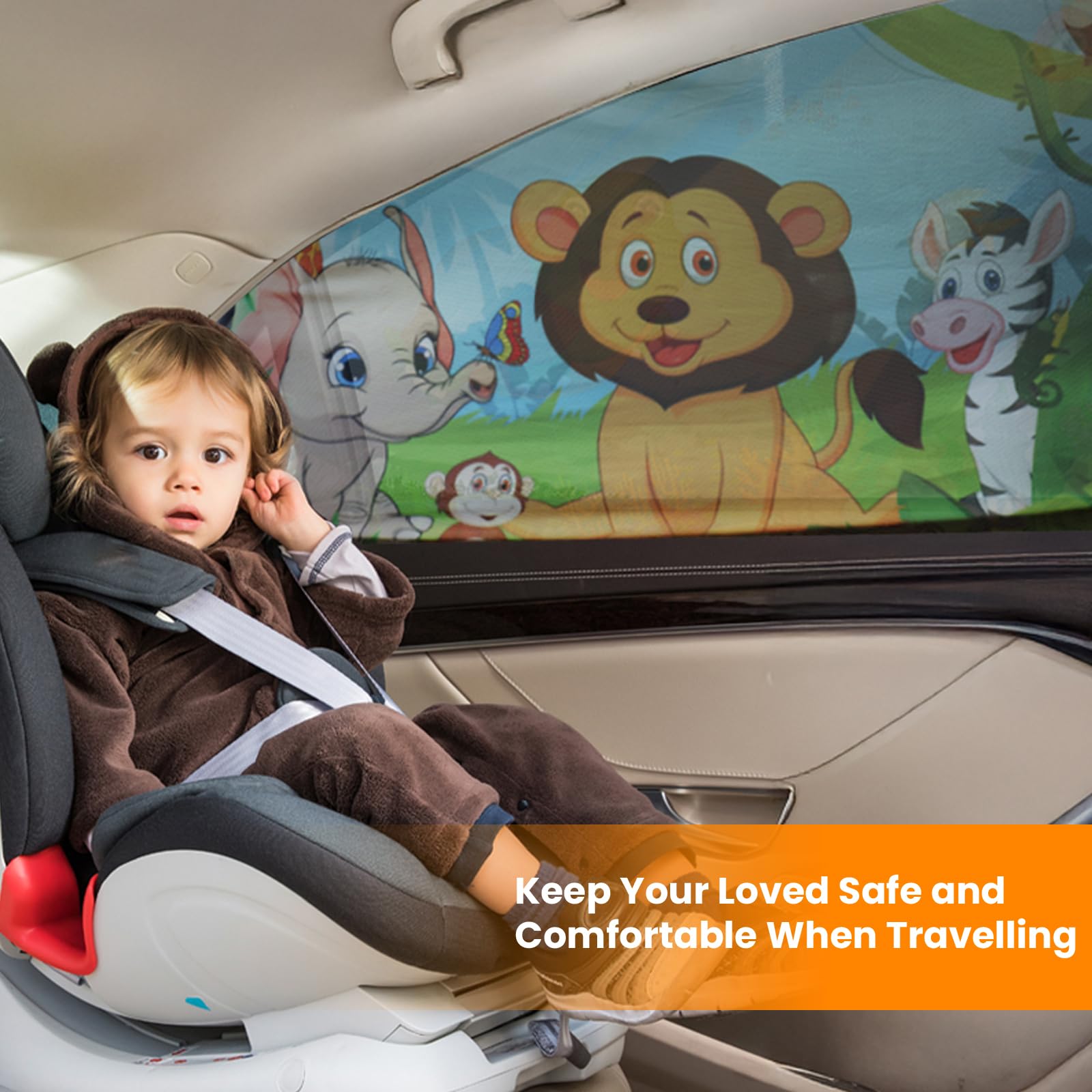Pemotech Car Window Shade For Baby, 2 Pack Uv Protection Car Side Window Sun Shades Cartoon Animal Design, Universal Stretchable
