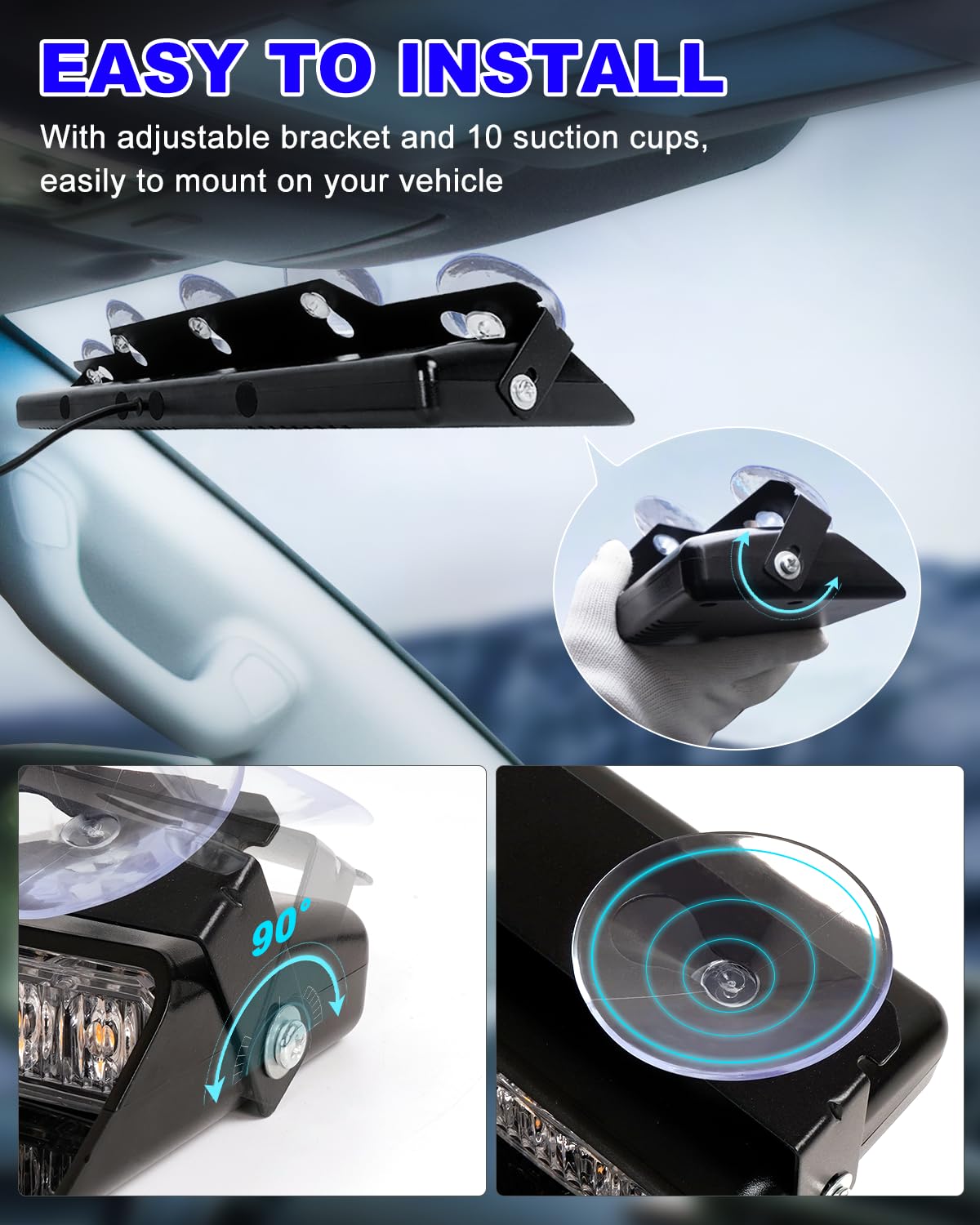 Hlauto 6Z4J Emergency Dash Strobe Lights: 2X16.8 Inch Blue White Safety Lights, 48 Led Flashing Warning Hazard Interior Windshie