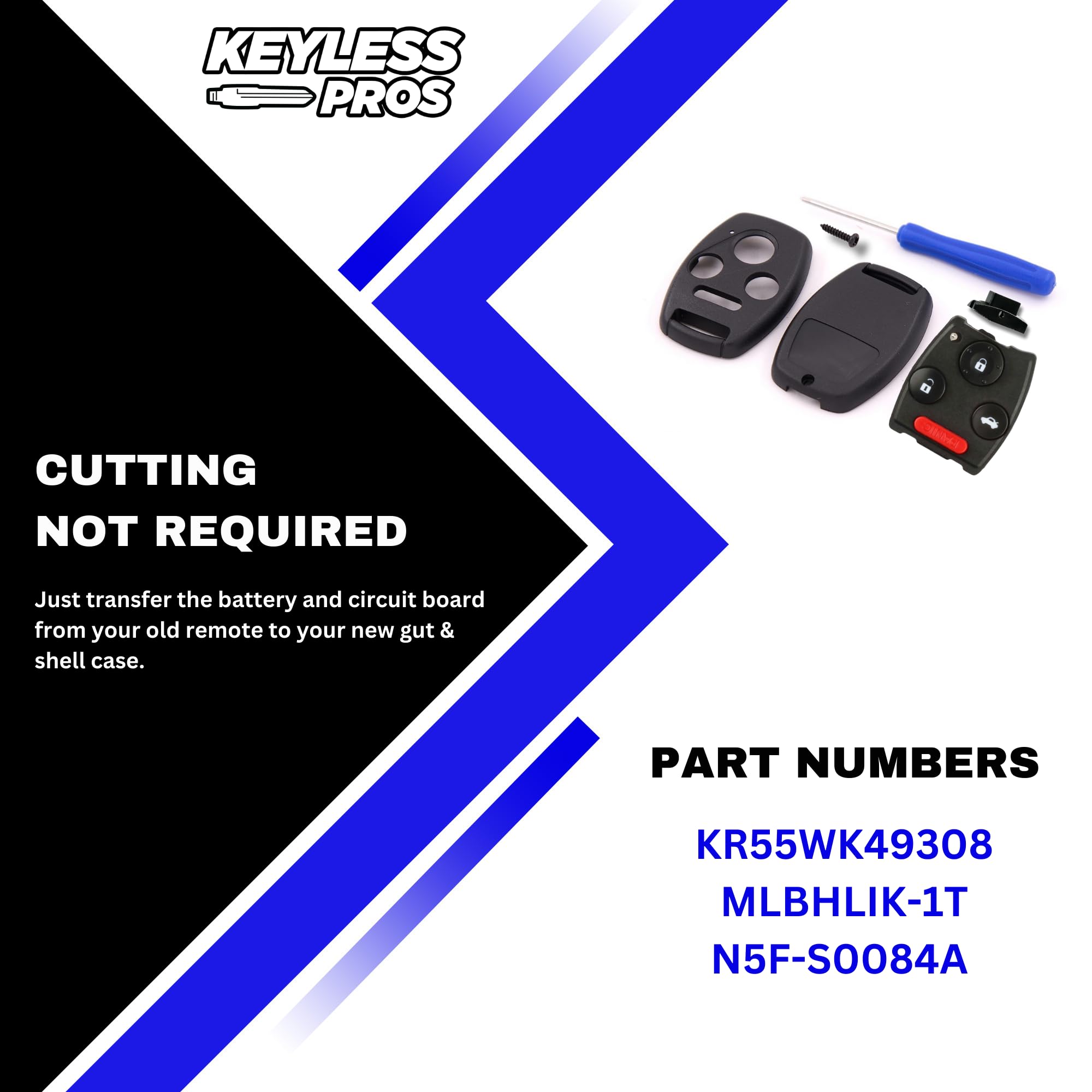 KeylessPros 4-Btn Shell Kit & Gut Case, Keyless Entry Remote Key Fob Replacement, fits 2003-2012 Honda Accord, 2006-2013 Civic E