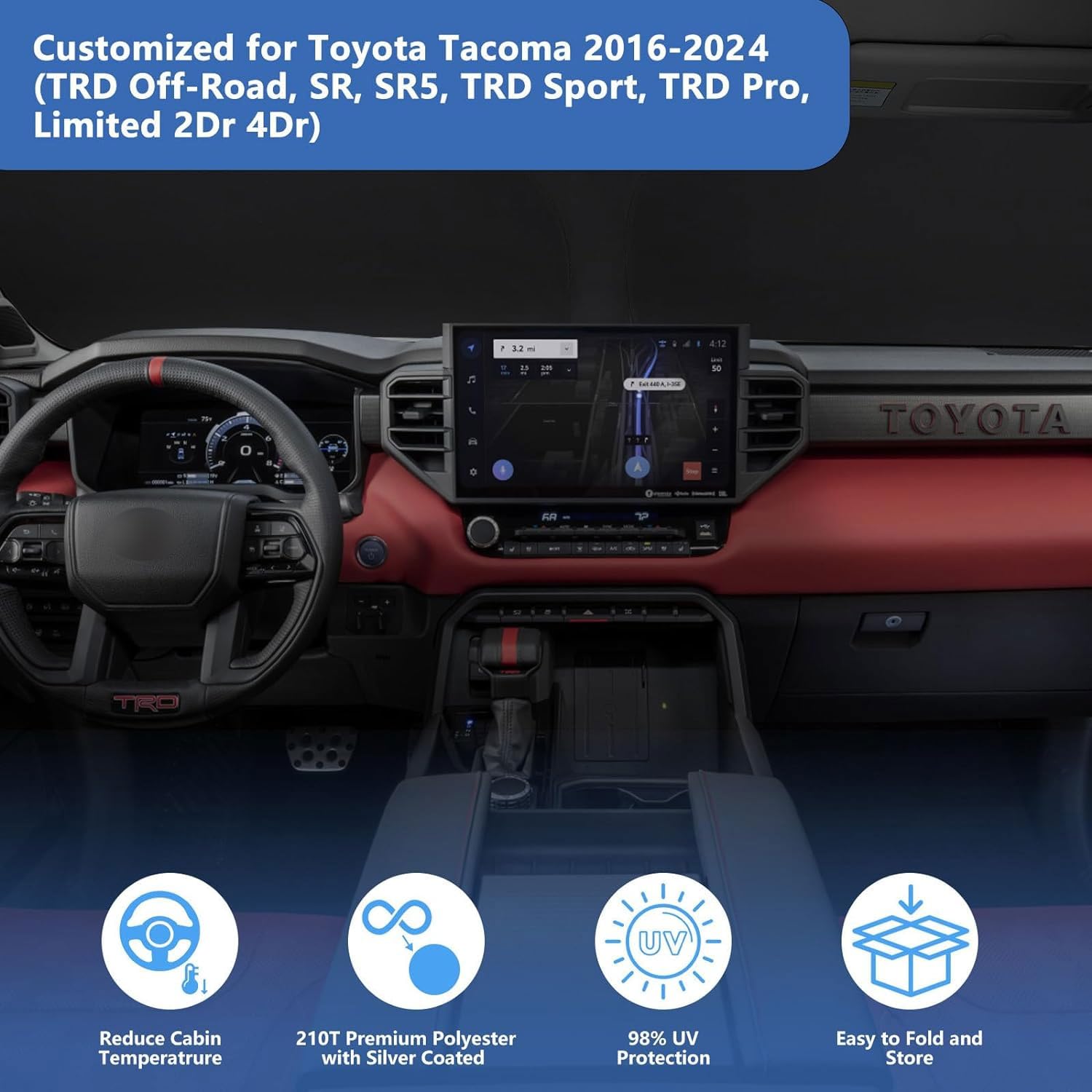 for Toyota Tacoma Windshield Sun Shade 2025 2024 2023 2022-2016, Window Sunshade Car Accessories Fit Tacoma 2Dr 4Dr Pickup Folda