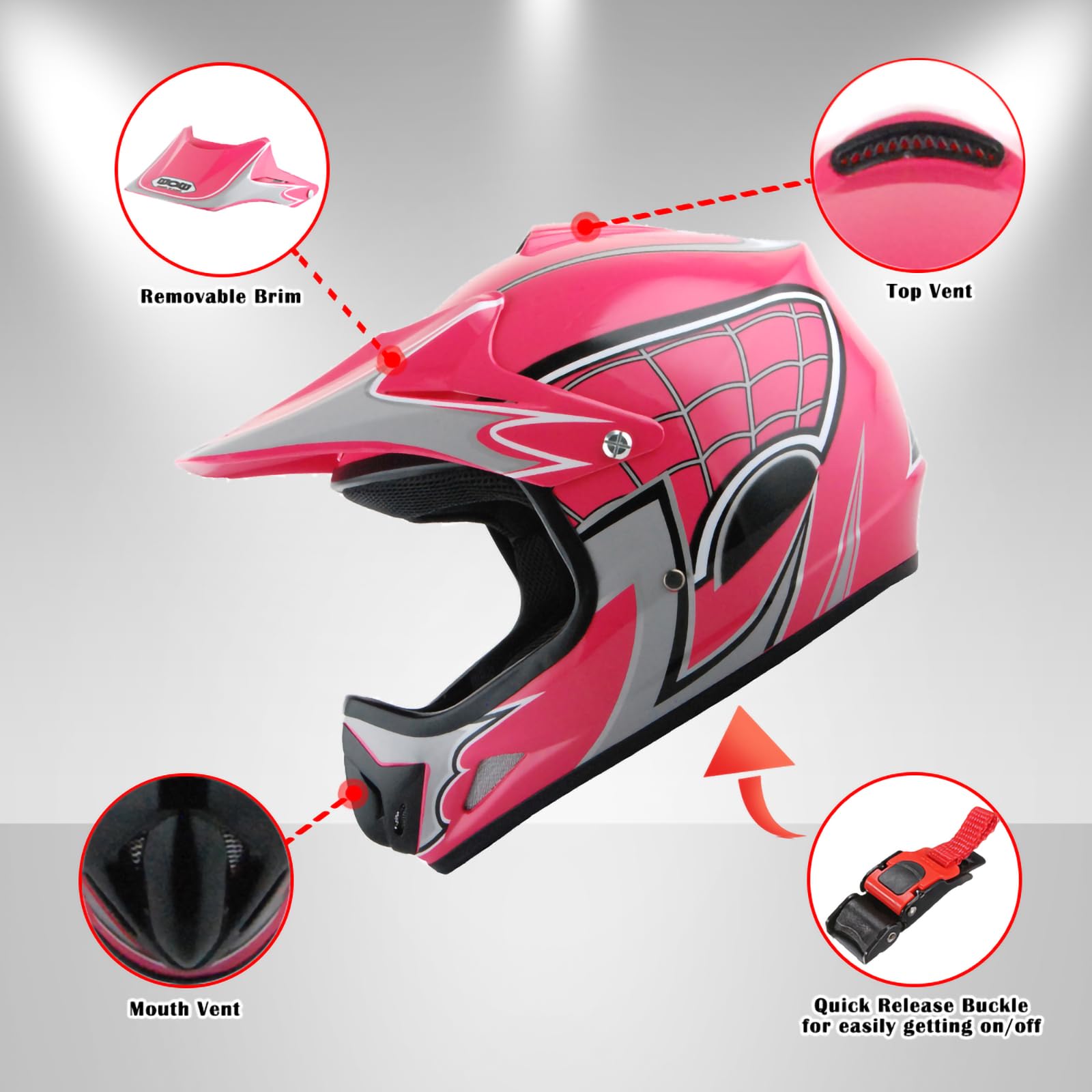 Wow Youth Motocross Helmet Bmx Mx Atv Dirt Bike Helmet Spider Web Pink + Goggles + Martian Skull Pink Glove Bundle
