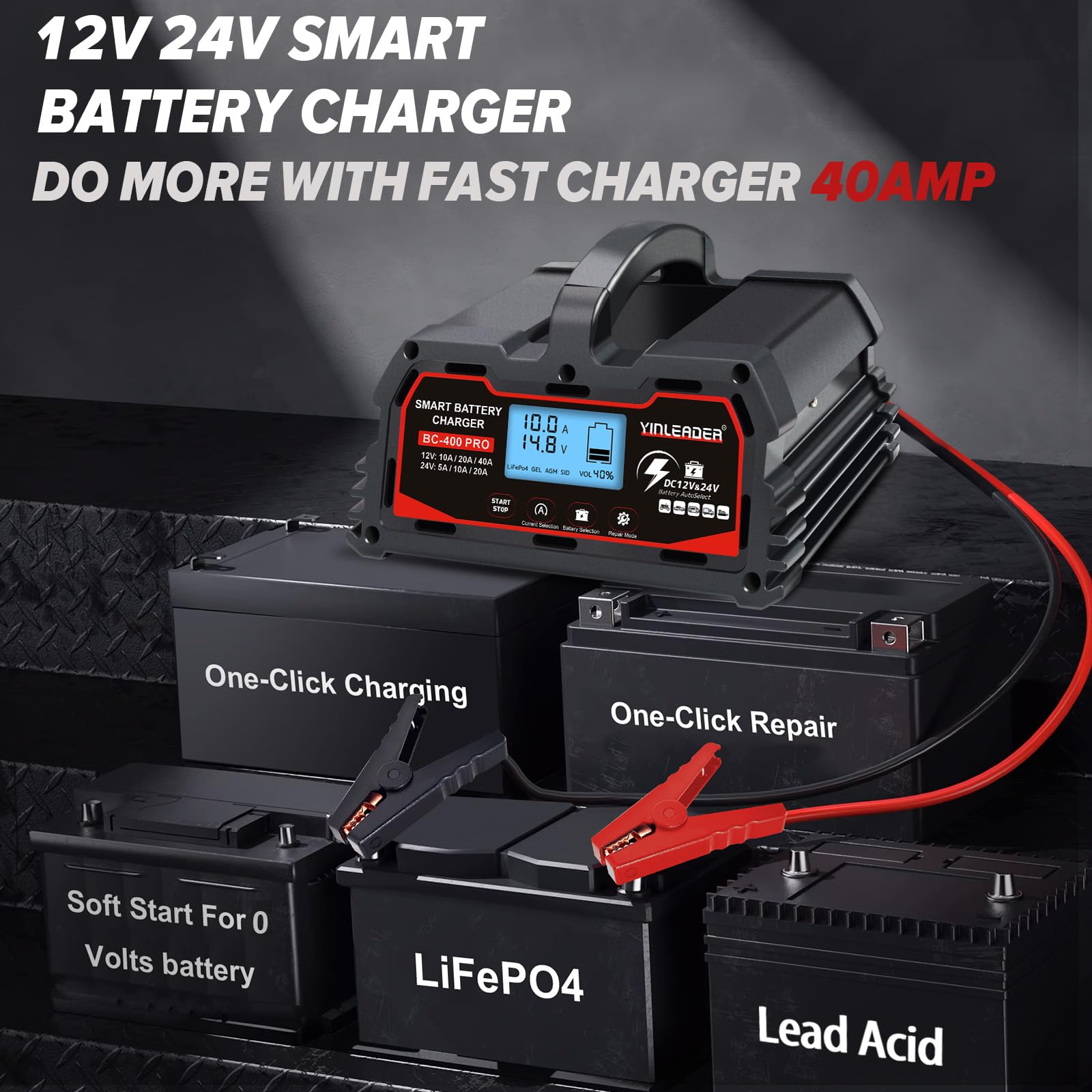 Battery Charger 40A, 12V/24V Lead Acid Smart Battery Charger, 12V LiFePO4 Car Battery Trickle Charger, Automatic Battery Maintai
