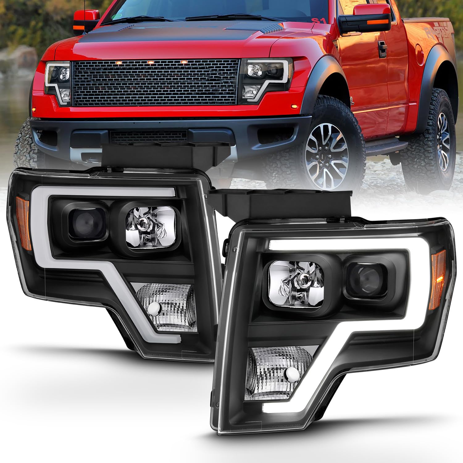 Amerilite For 2009-2014 Ford F150 Truck Led Bar Square Projector Halogen Black Headlights Set High/Low Beam Bulb Included - Driv