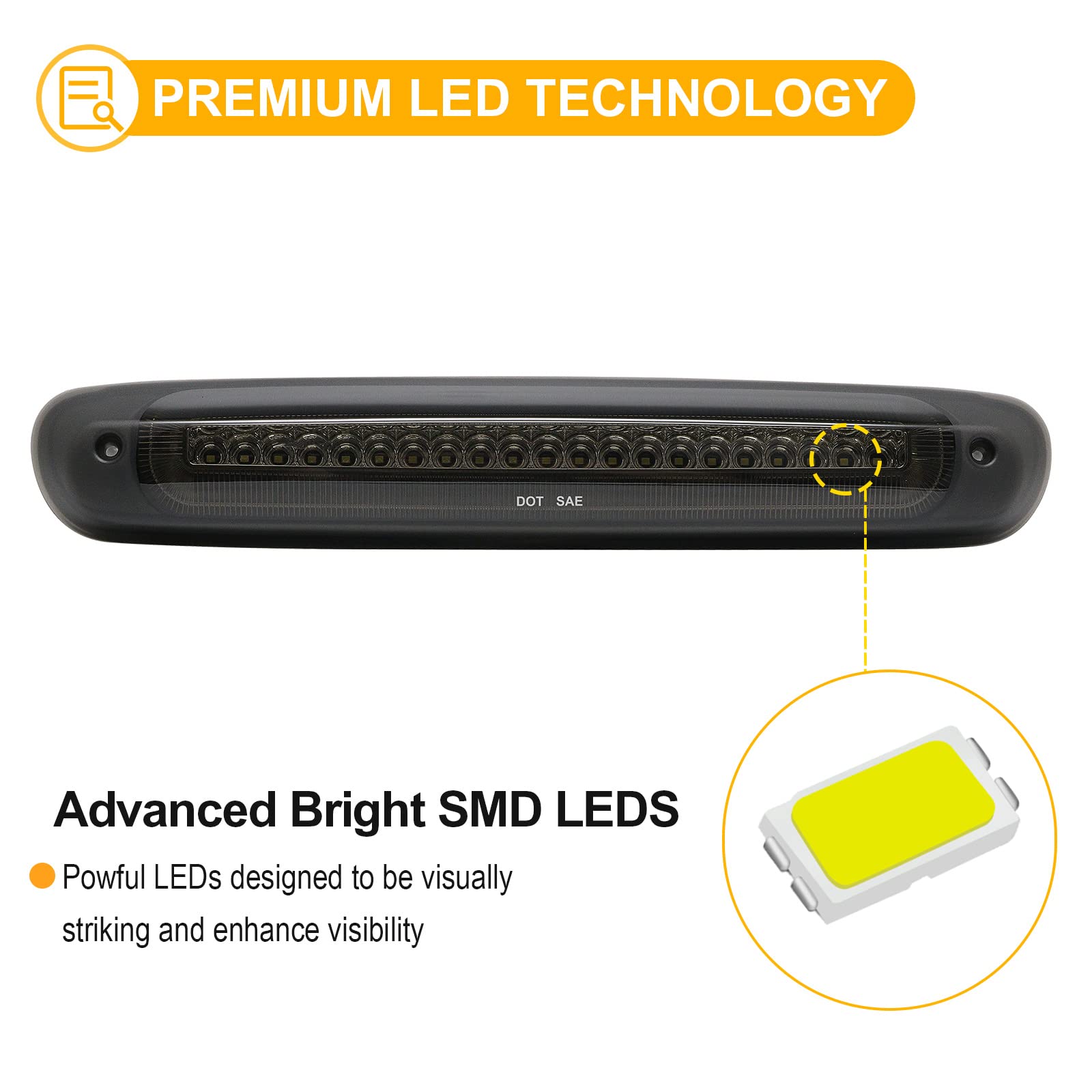 R&F Auto Smoked Lens F1 Style Strobe Led Third Brake Light Compatible With Silverado/Sierra 1500 2500Hd 3500Hd (2007-2013) Roof Cargo Lights Pickup Truck High Mount Stop Lamp, Replace Oem# 25890530