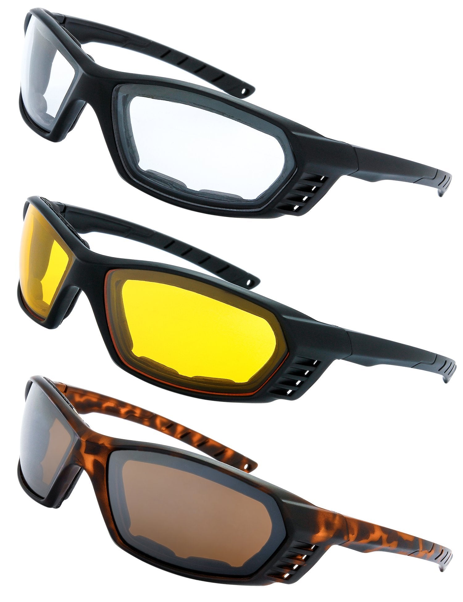 3 Pairs Motorcycle Riding Glasses Padded Frame Lens Block 100% UVB/UVB for Outdoor Activity Sport (6-Matte Black/Tortoise, Clear