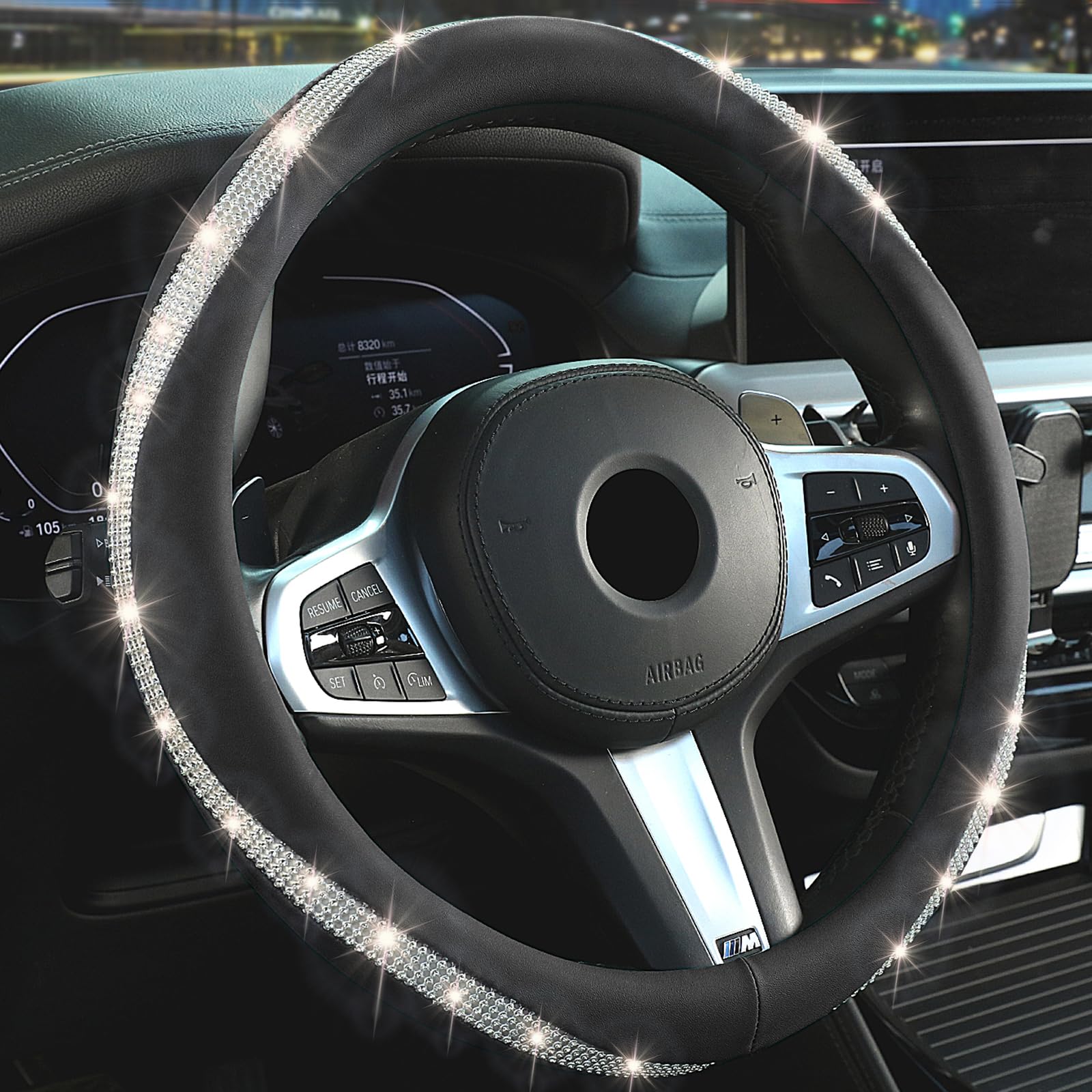 New Diamond Leather Steering Wheel Cover with Bling Crystal Rhinestone, Delicate and Anti-Slip Sparkly ,Fit 14'' 1/2-15'' Car Wh