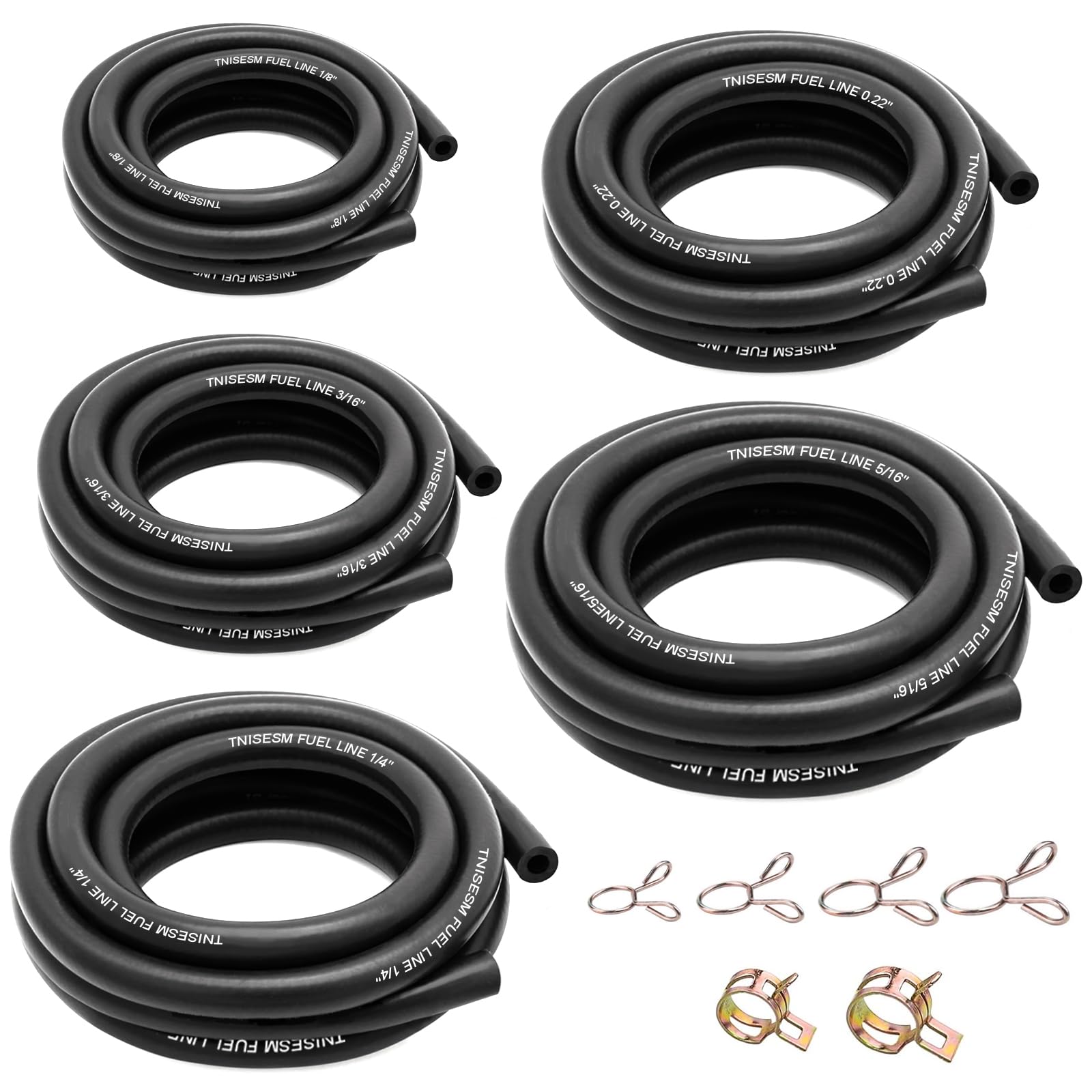 Tnisesm 3.3Feet 5 Size-1/8'' 3/16'' 0.22'' 1/4'' 5/16''Id Fuel Line Gas Tube Hose With 70Pcs Clamps Compatible Small Engines Kaw