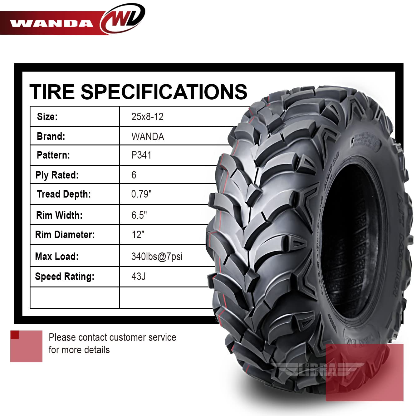 Wanda Set Of 4 Atv Utv Tires 25X8-12 25X8X12 Front & Rear 6Pr P341