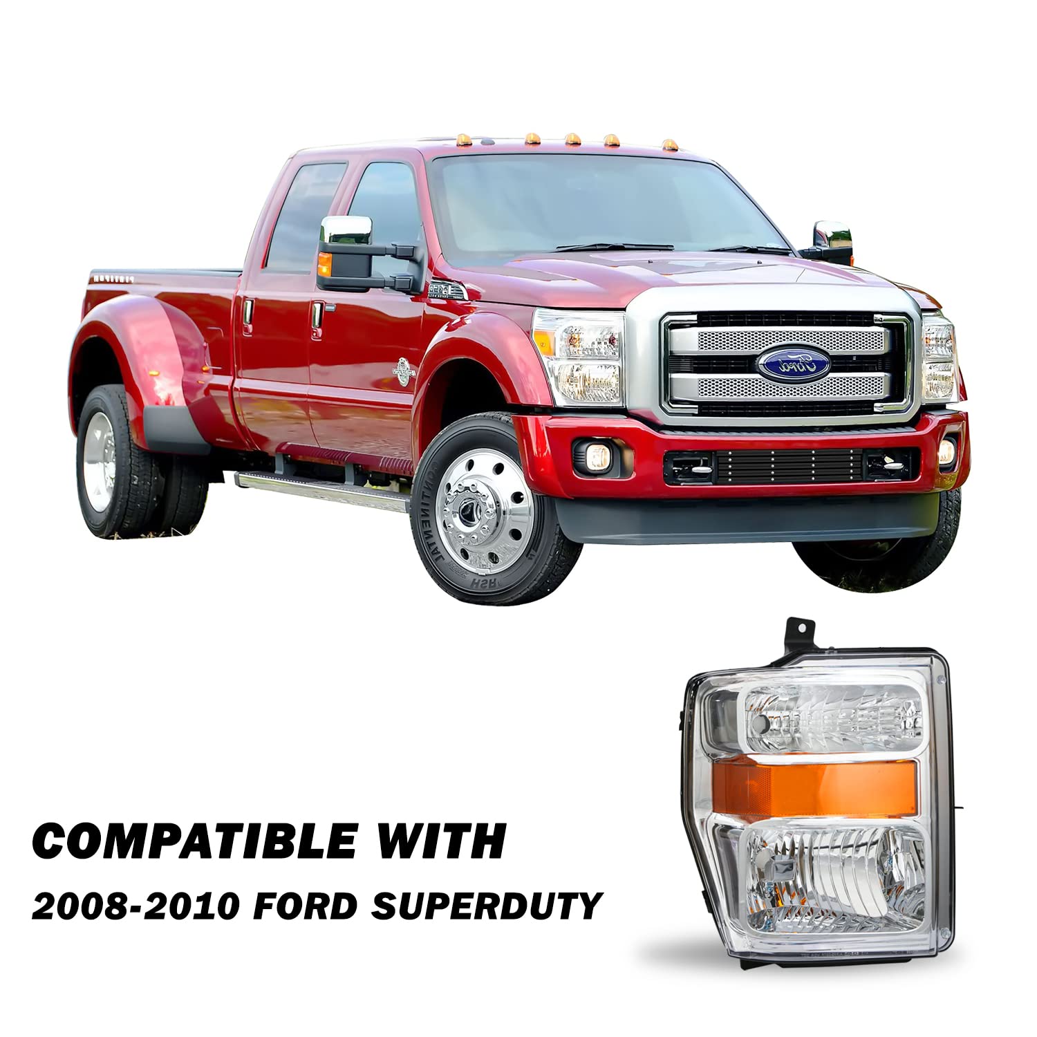 Sockir Headlight Assembly Set Compatible With 2008-2010 Ford F-250 F-350 F-450 F-550 Super Duty Oe Style Headlamp Replacement Passenger And Driver Side (Chrome Housing With Amber Reflector)