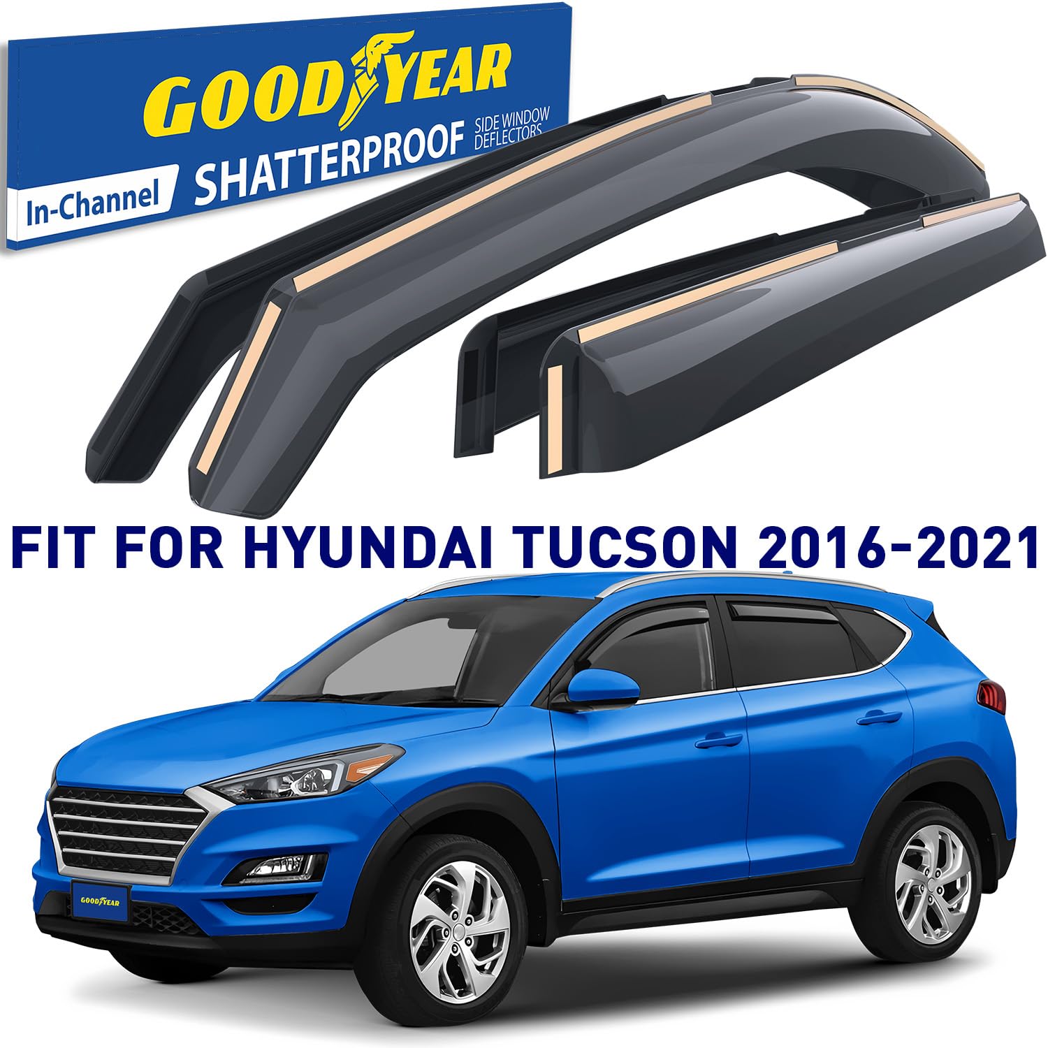 Goodyear Shatterproof In-Channel Window Deflectors For Hyundai Tucson 2016-2021, Rain Guards, Window Visors For Cars, Vent Defle