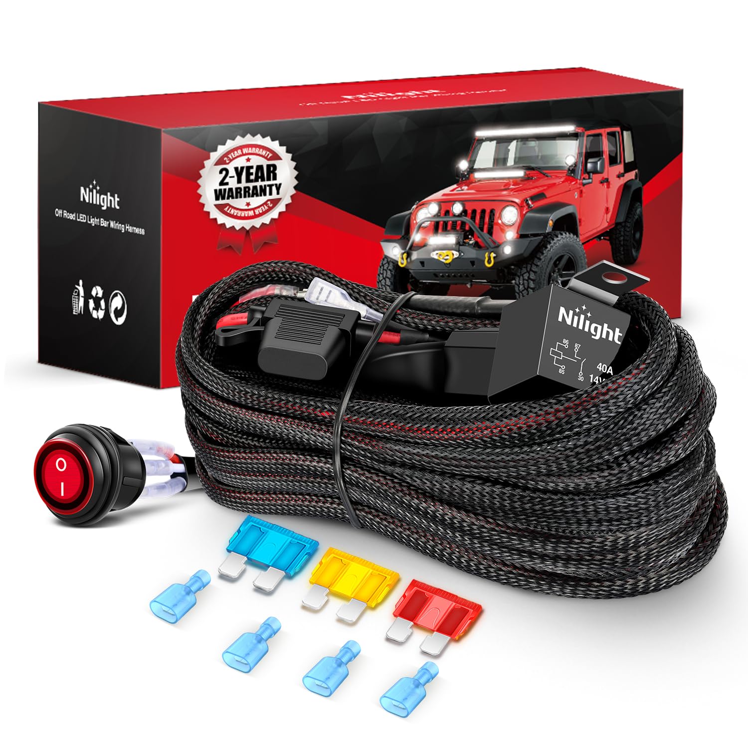 Nilight Wiring Harness Kit Nylon 14 Awg 2 Leads 12 V On Off Switch Power Relay Blade Fuse For Led Light Bar Off Road Lights On C