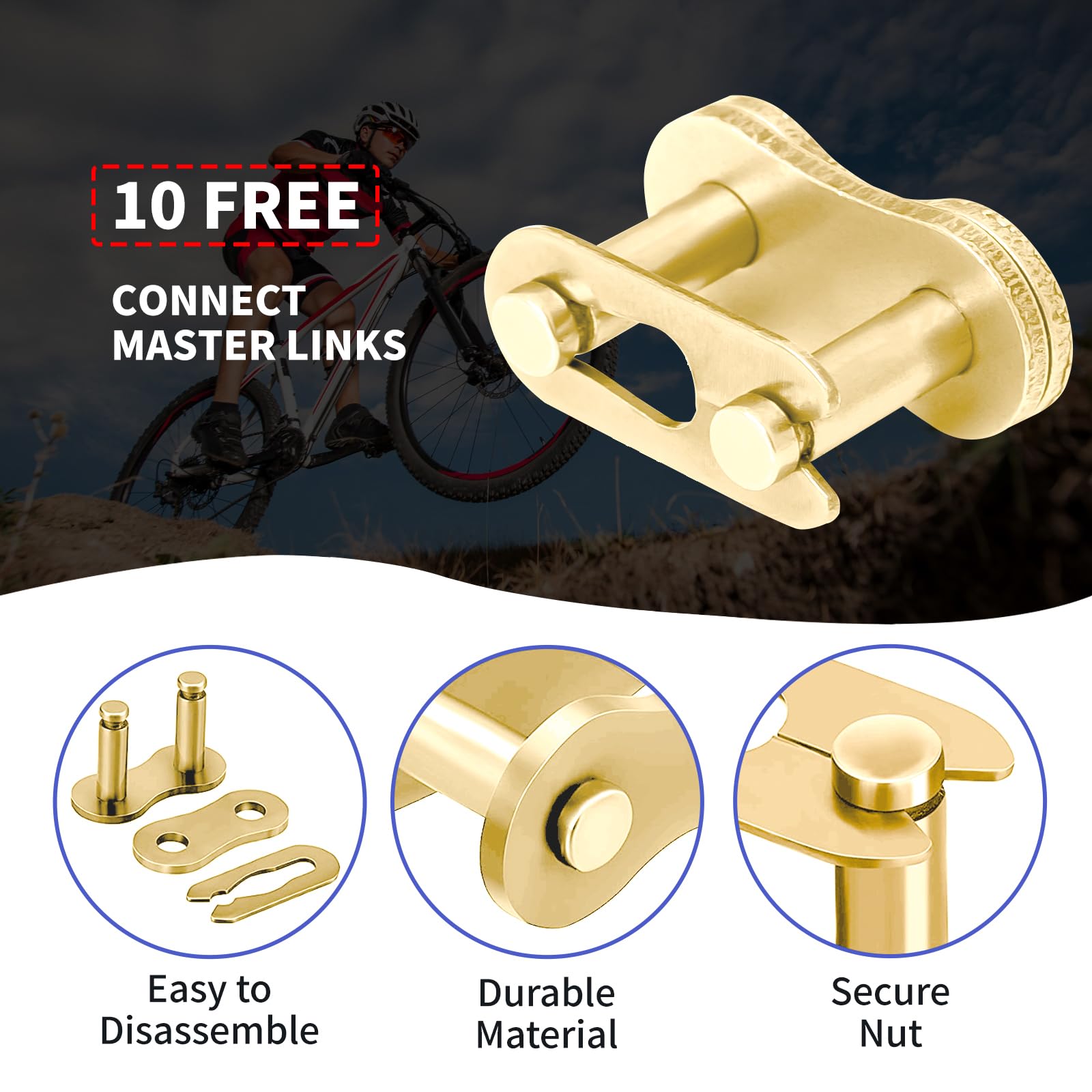 Belleone 420 Gold Motorcycle Chain 132 Links With Chain Breaker, 420 Standard Roller Chain With 10 Connecting Master Links Heavy