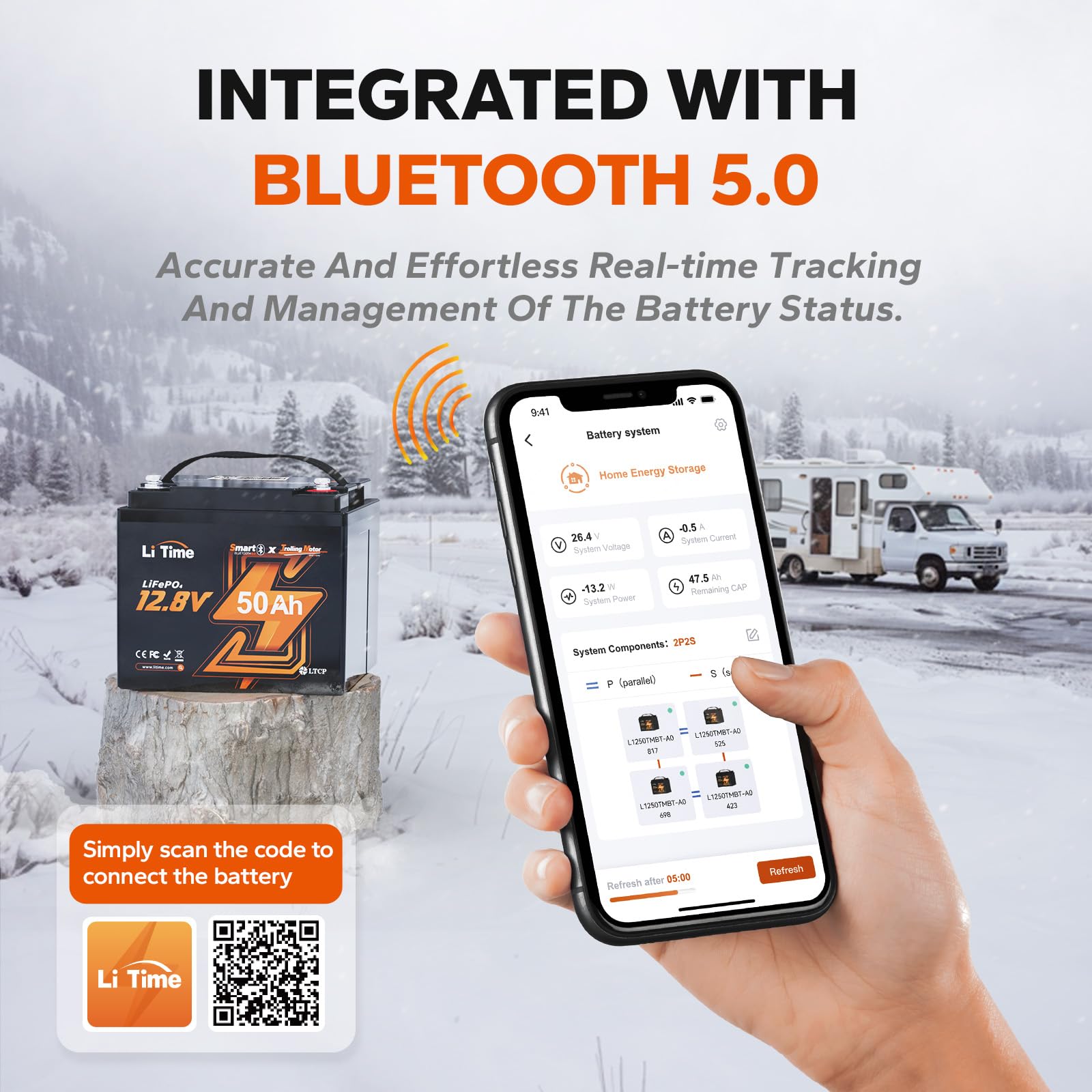 Litime 12V 50Ah Tm Bluetooth Lifepo4 Battery,Lithium Deep Cycle Battery,Low Temperature Protection, Built-In 50A Bms, 4000+ Cycl