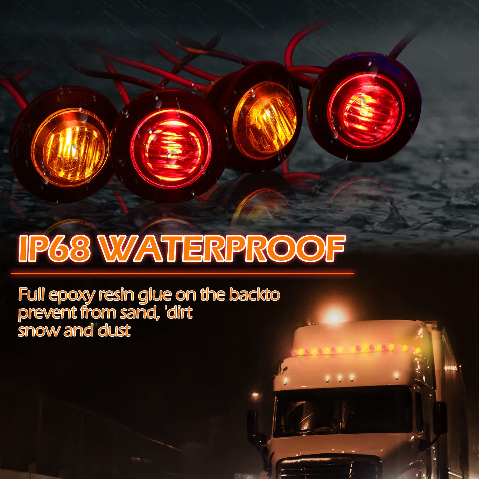 100 Pieces 3/4 Inch Round Led Side Marker Lights, 3 Leds Front Rear Side Indicator Lights Yellow And Red Turn Signal Lights Ip68