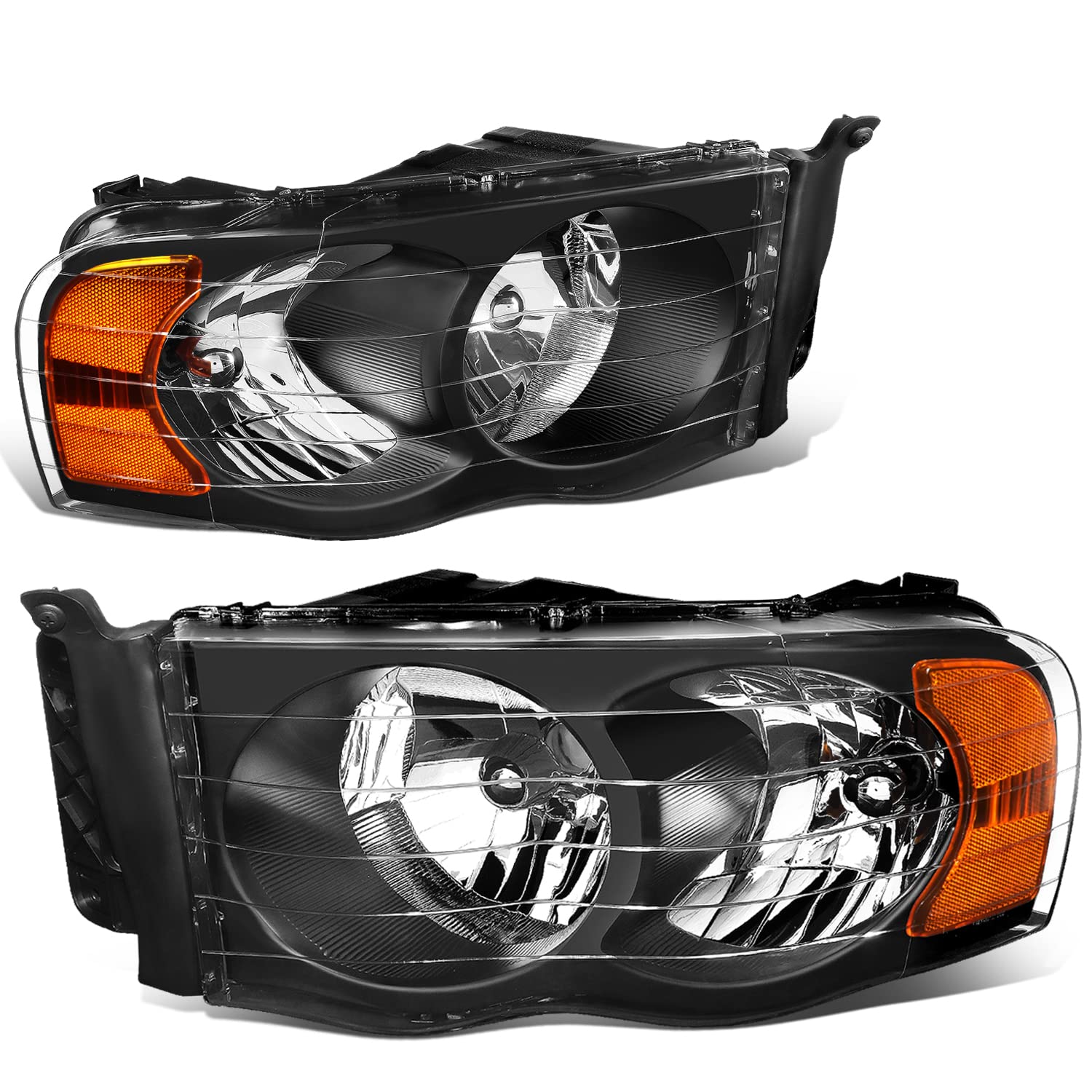 Dna Motoring Hl-Oh-Dr02-Bk-Am Black Housing Amber Corner Headlights Compatible With 02-05 Ram 1500/03-05 Ram 2500 3500, Left & R