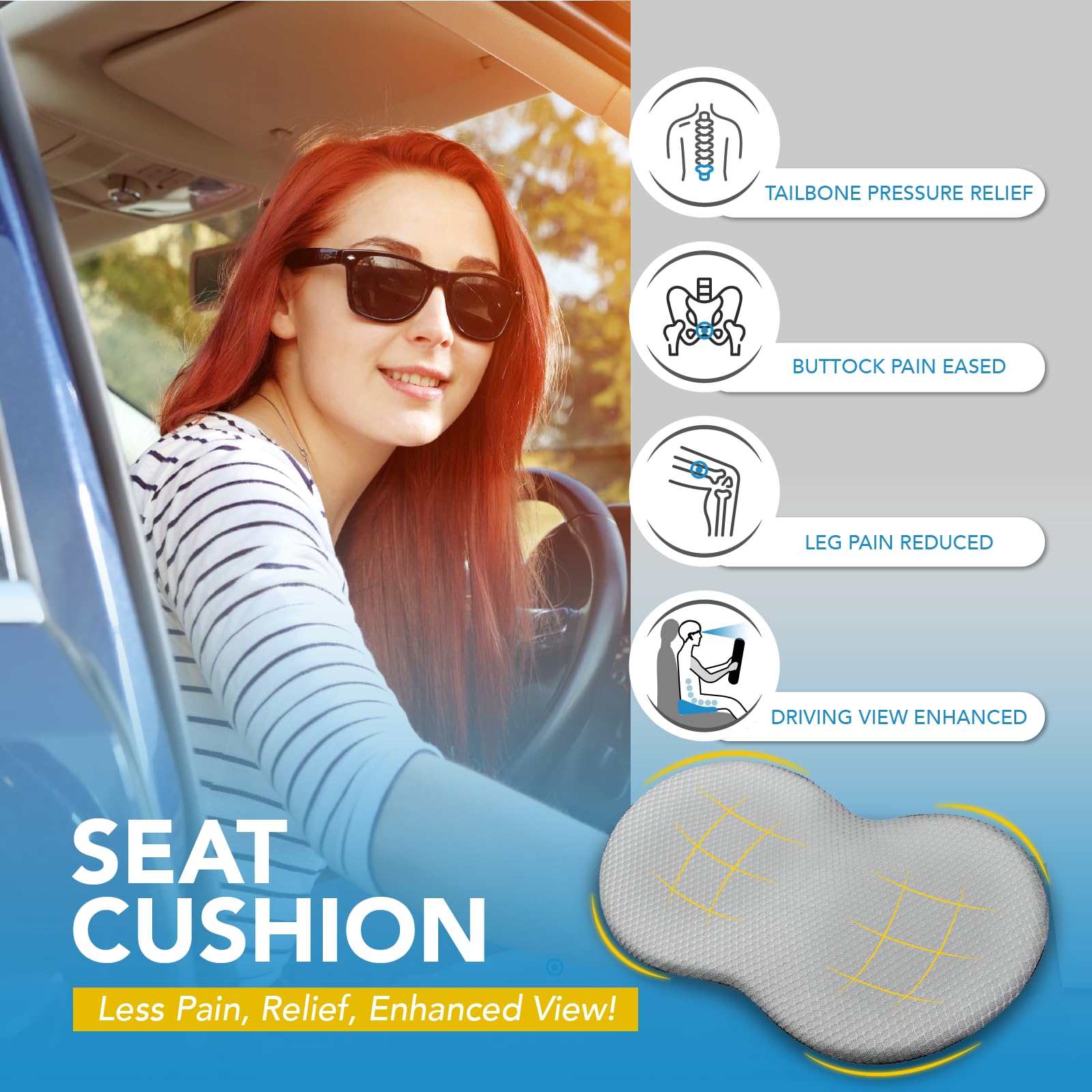 Kingphenix Wedge Car Seat Cushion: Memory Foam Truck Seat Cushion For Car Seat Driver - Sciatica And Back Pain Relief - Enhancin