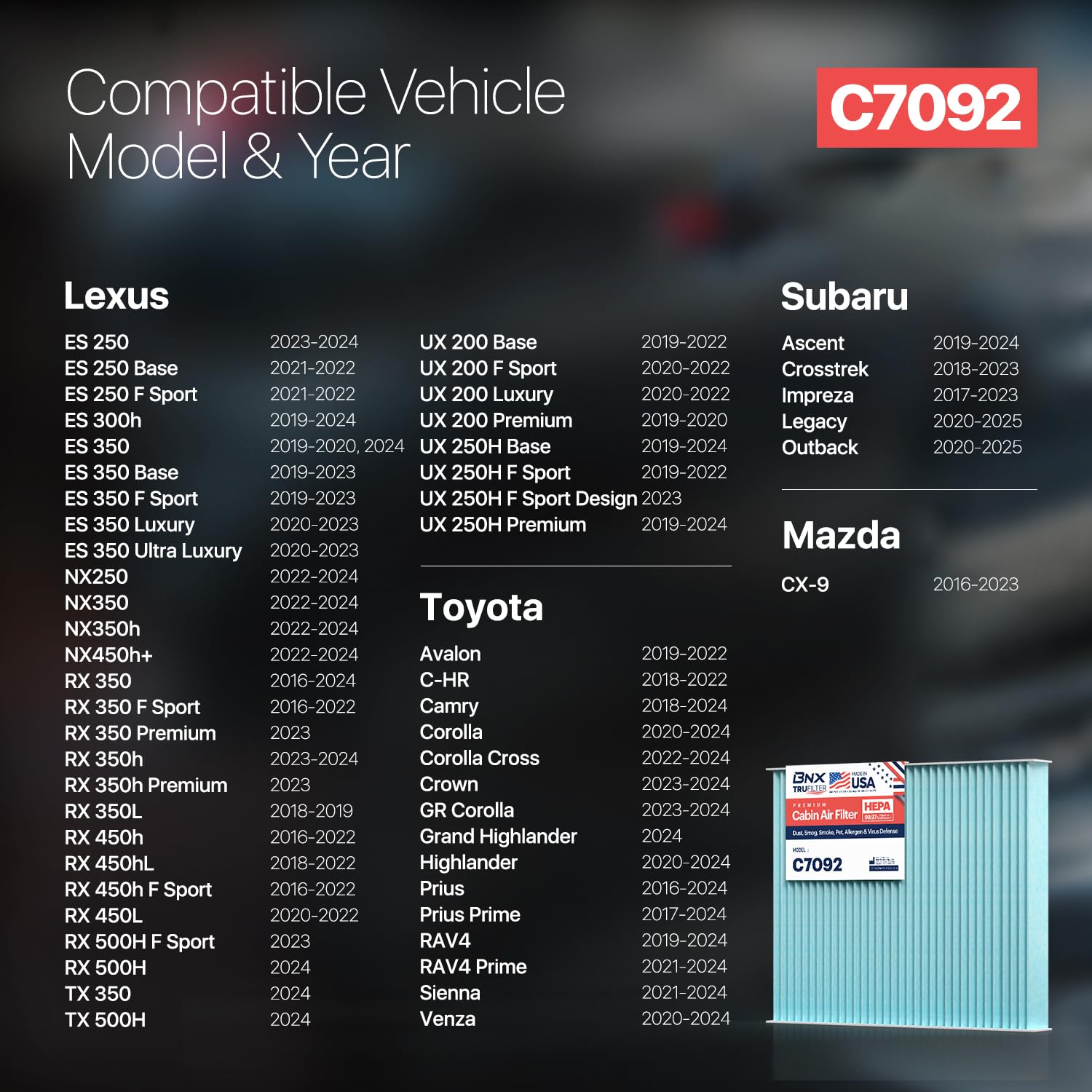 Bnx Trufilter C7092 Cabin Air Filter, Hepa 99.97%, Made In Usa, Compatible With Subaru Crosstrek, Ascent, Impreza, Legacy, Outba