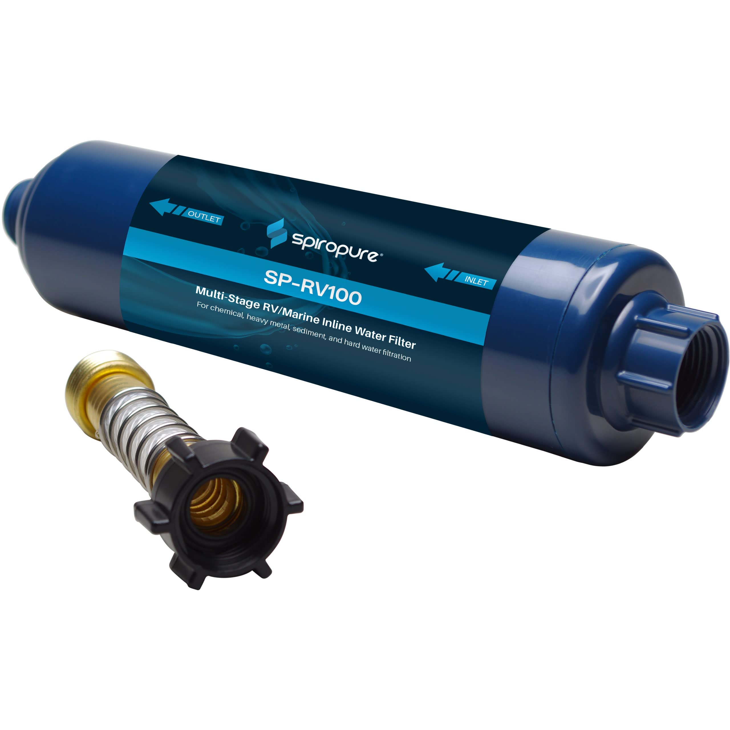 SpiroPure Multi-Stage RV Marine Inline Water Filter with Flexible Hose Protector - Sediment Carbon Hard Water Chlorine Chloramin