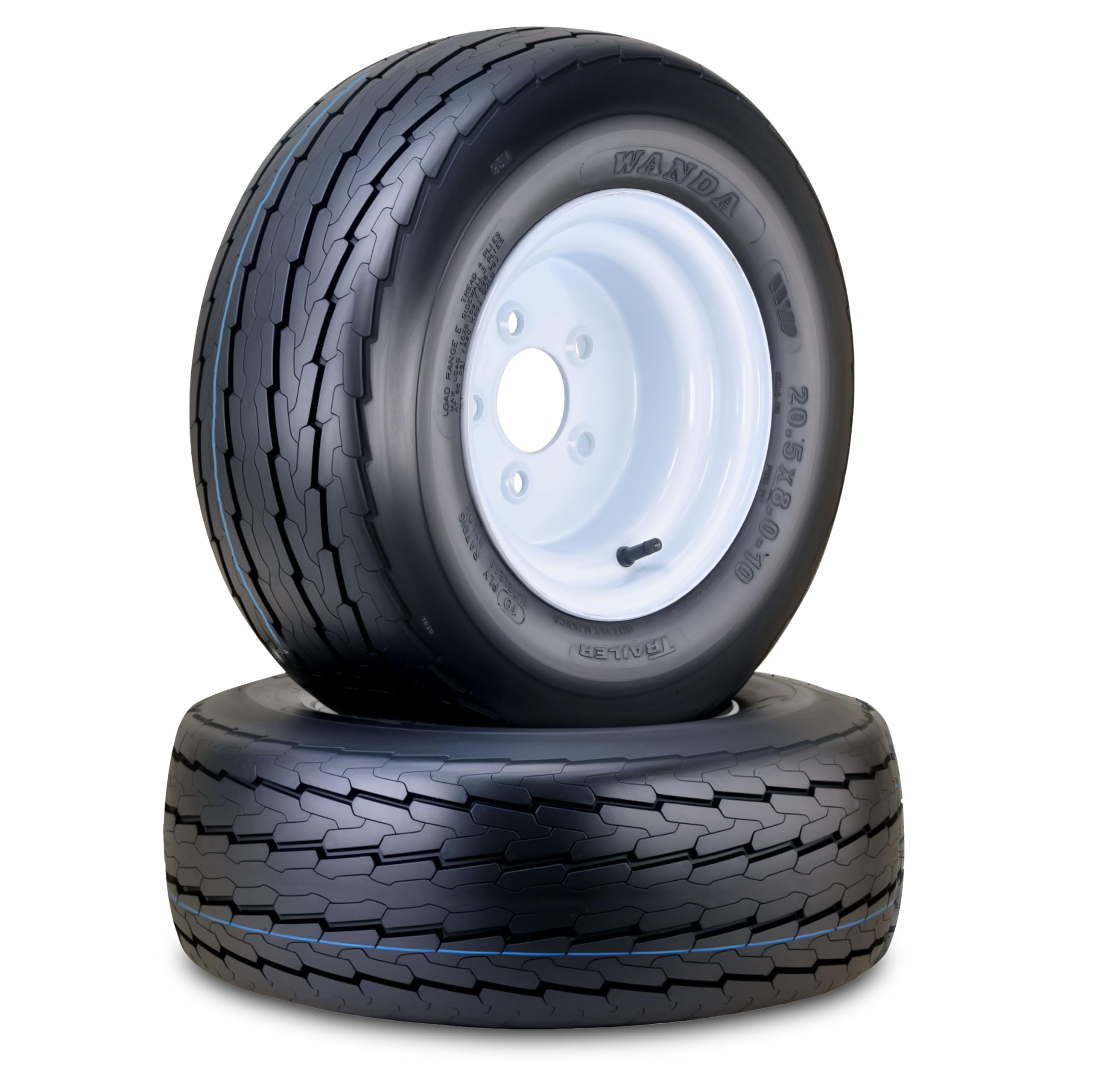 WANDA Trailer Tire Wheel Assembly 20.5x8-10 10-Ply E 95L with 5 Lugs on 4.5 PCD White Rim,SET 2