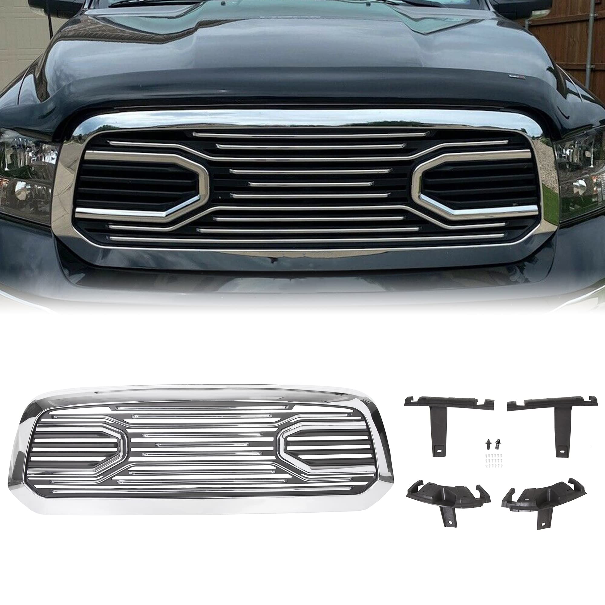ECOTRIC Front Replacement Shell Grille Compatible with 2013-2018 Dodge RAM 1500 (W/O Light) Chrome Big Horn Grill
