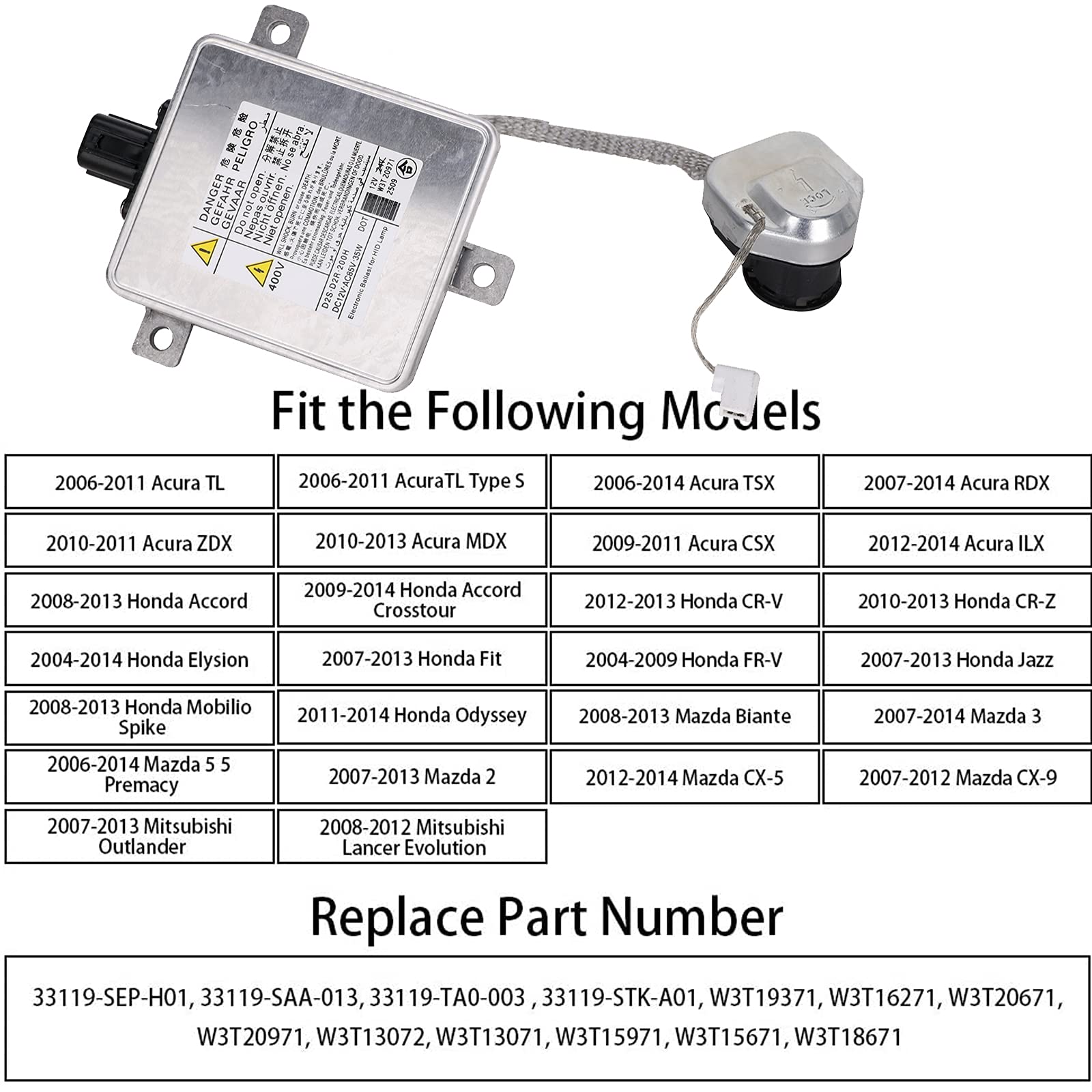 W3T19371 Xenon Hid Headlight Ballast W/ Igniter - Compatible With Acura Tl, Tl-S, Tsx, Zdx, Rdx, Mdx, Csx, Honda Cr-Z, Odyssey, Mazda Cx-5, Cx-9, 3, Mitsubishi Outlander - Replaces W3T15671 W3T16271