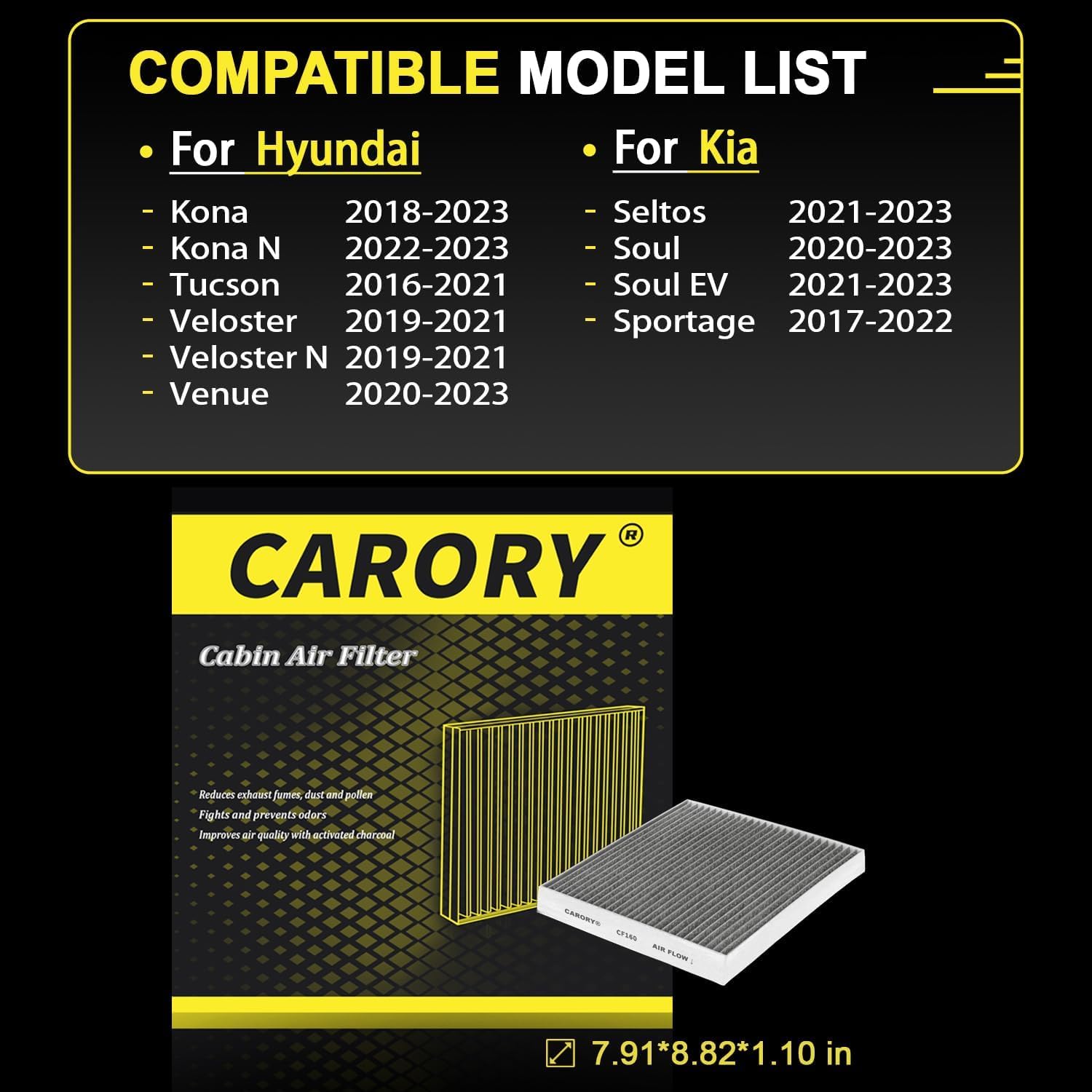 CARORY Cabin Air Filter w/Activated Carbon for Hyundai Kona 18-23, Tucson 16-21, Veloster 19-21, Veloster N 19-21, Venue 20-23,