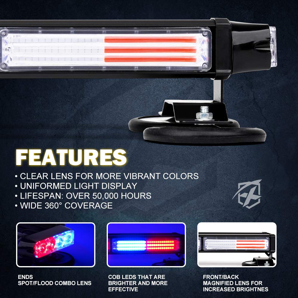 Xprite Red Blue Cob Led Strobe Rooftop Flashing Light Bar Double Side Hazard Warning Beacon Police Lights W/Magnetic Base For Emergency Safety Vehicles Trucks Firefighter Traffic Cars