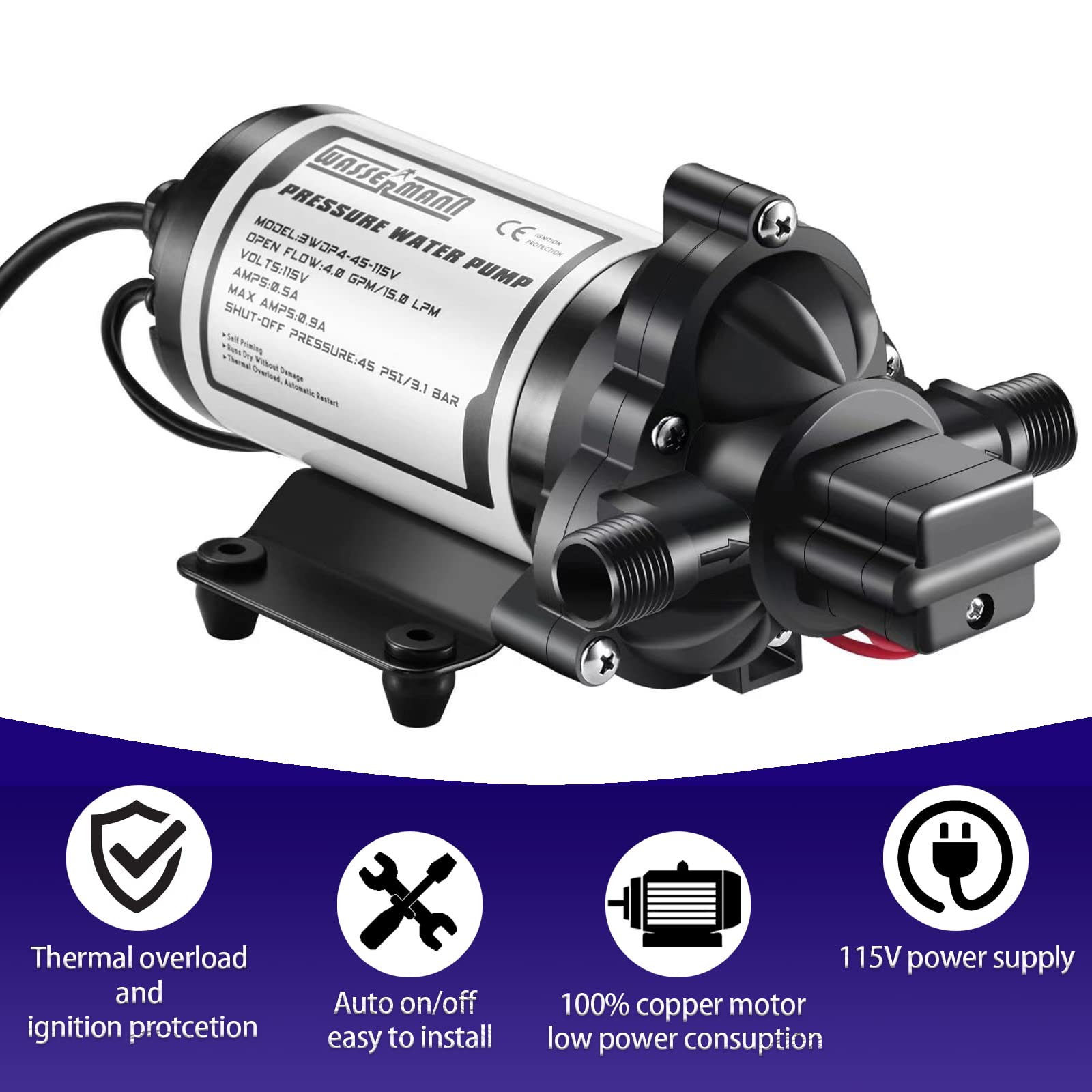 Wassermann Water Pressure Diaphragm Pump 115V Ac 4.0 Gpm 45Psi,Self-Priming Booster Pump With Power Plug, For Kitchen Bathroom R