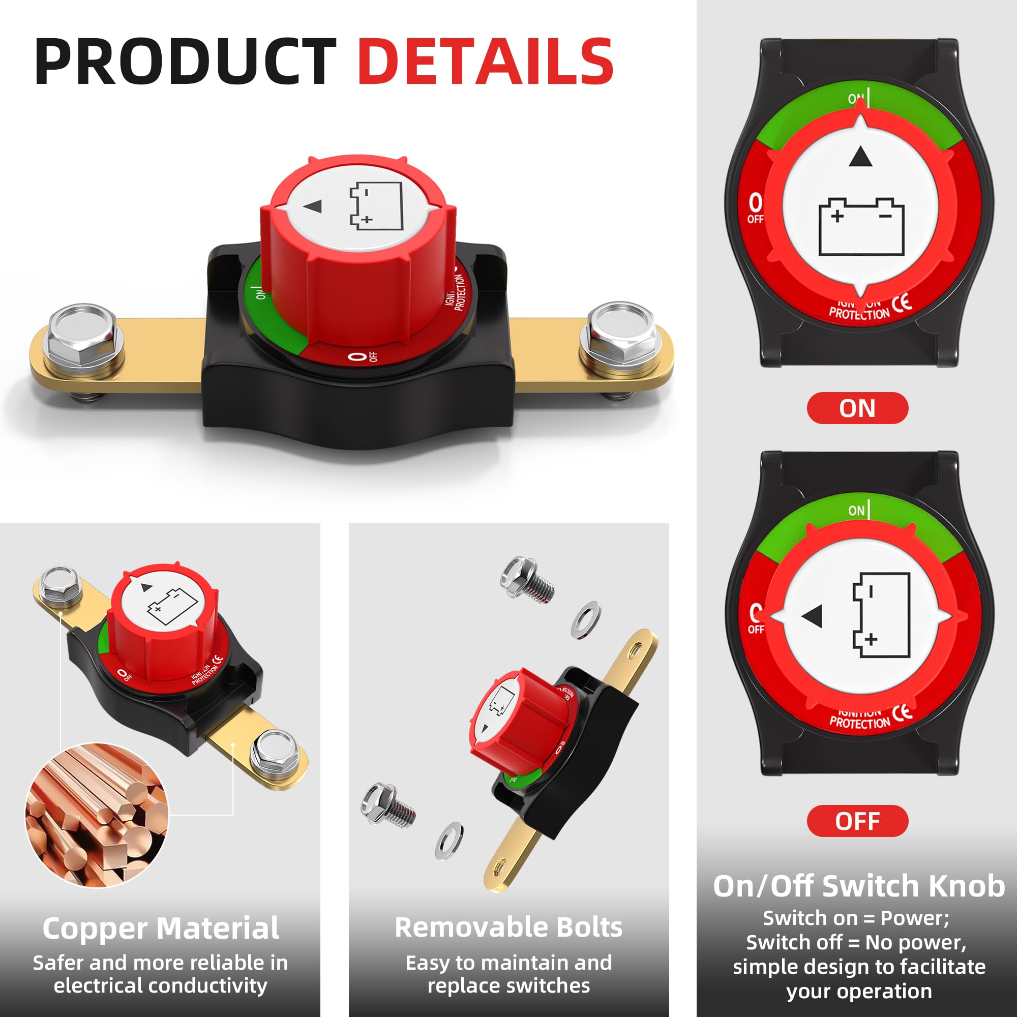 Joinfworld Side Post Battery Disconnect Switch 12V-48V 275A Waterproof Marine Battery Cut Off Switch 12 Volt For Car Rv Boat Atv