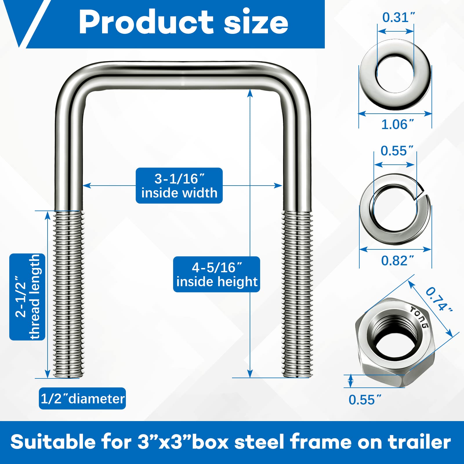 8 Pcs Hotop 304 Stainless Steel Square U-Bolt Boat Trailer U-Bolts with Washers and Nuts l Heavy Duty U Bolt for Sailboat Traile
