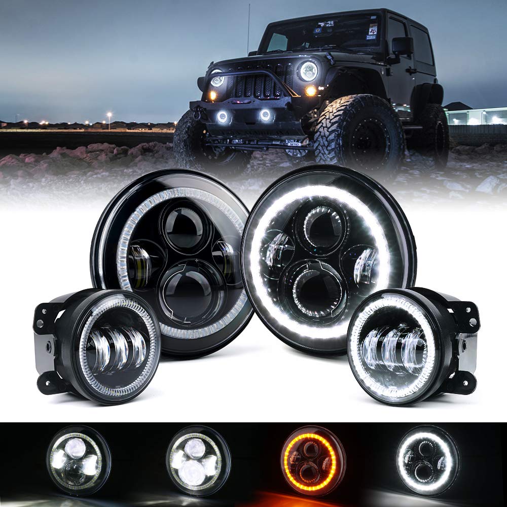 Xprite 7 Inch 90W Led Headlights & 4 Inch 60W Fog Lights Combo W/White Halo Lights Compatible With 2007-2018 Jeep Wrangler Jk, D