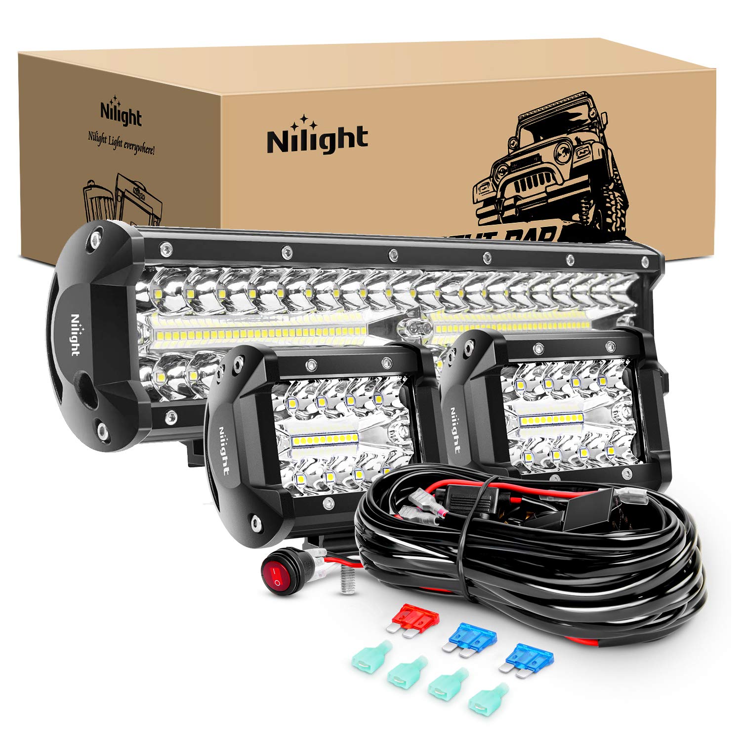 Nilight Led Light Bar Set, 12 Inch 300W Triple Row Spot Flood Combo Work Driving Lamp, 2 Pcs 4 Inch 60 W With Wiring Harness For