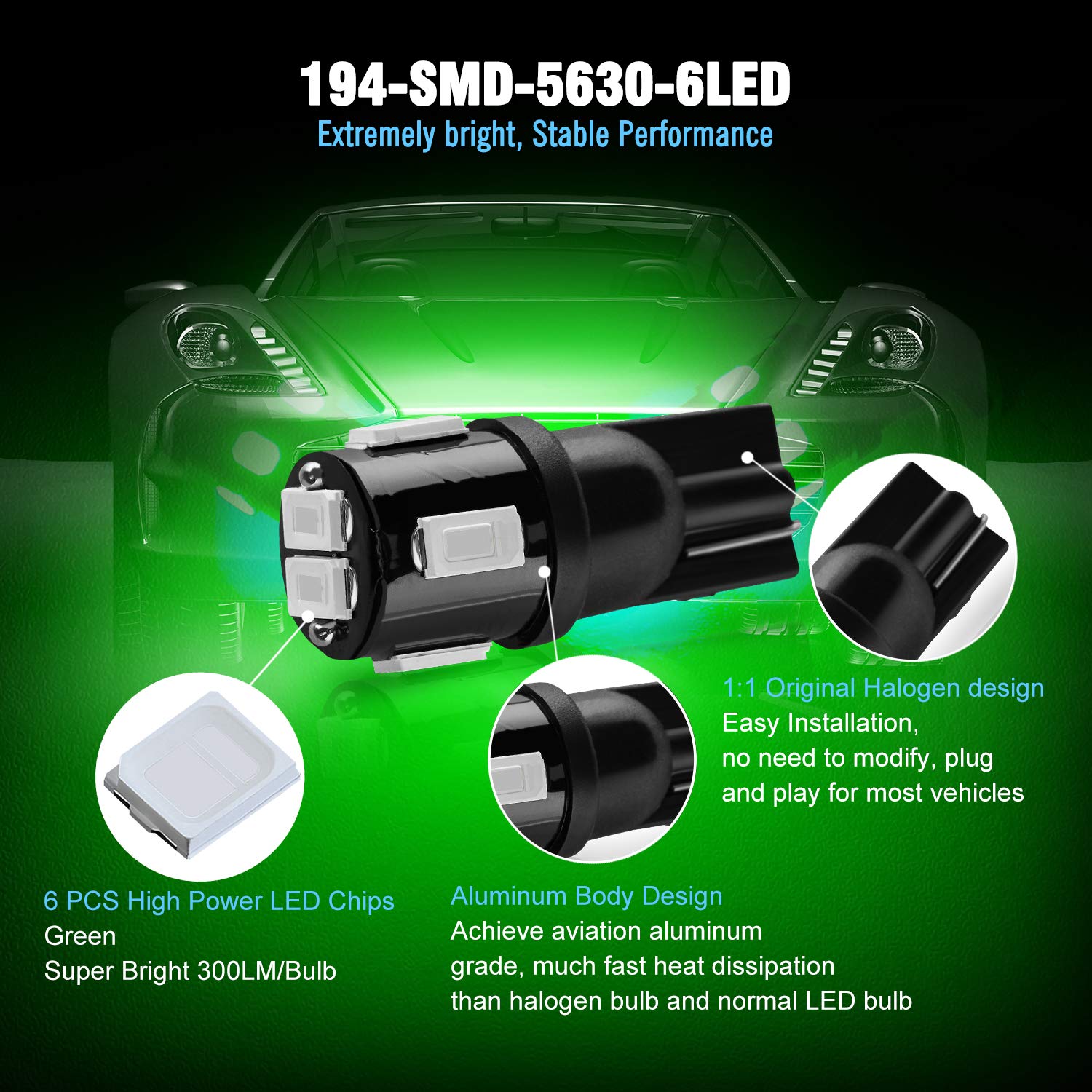 Brishine 194 Led Bulbs Extremely Bright Green 5630 Chipsets 168 2825 175 T10 W5W Led Replacement Bulbs For Car Interior Dome Map