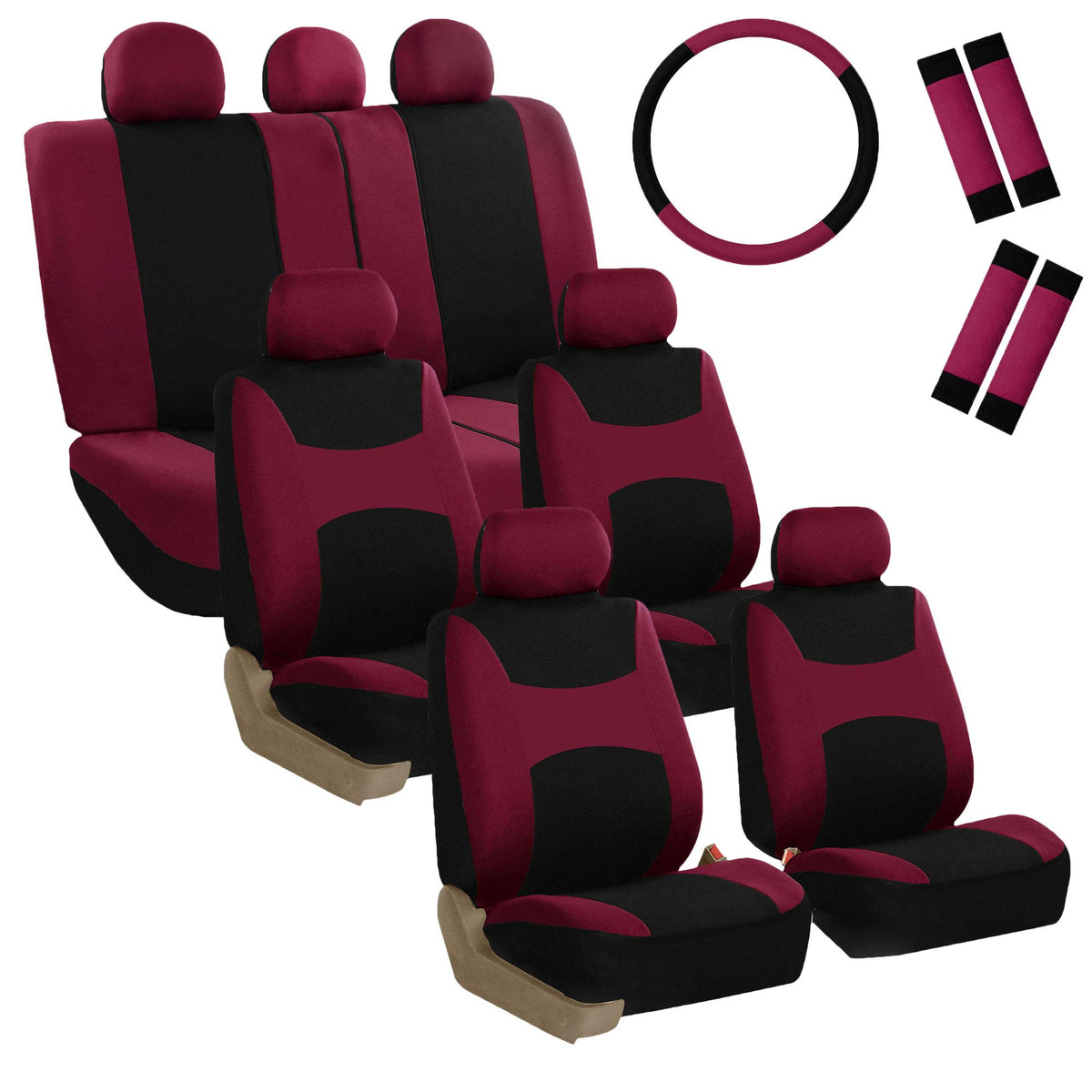 Fh Group Automotive Seat Covers Light & Breezy Flat Cloth  Three Row Set Burgundy Combo Steering Wheel Cover & Seat Belt Pads, A