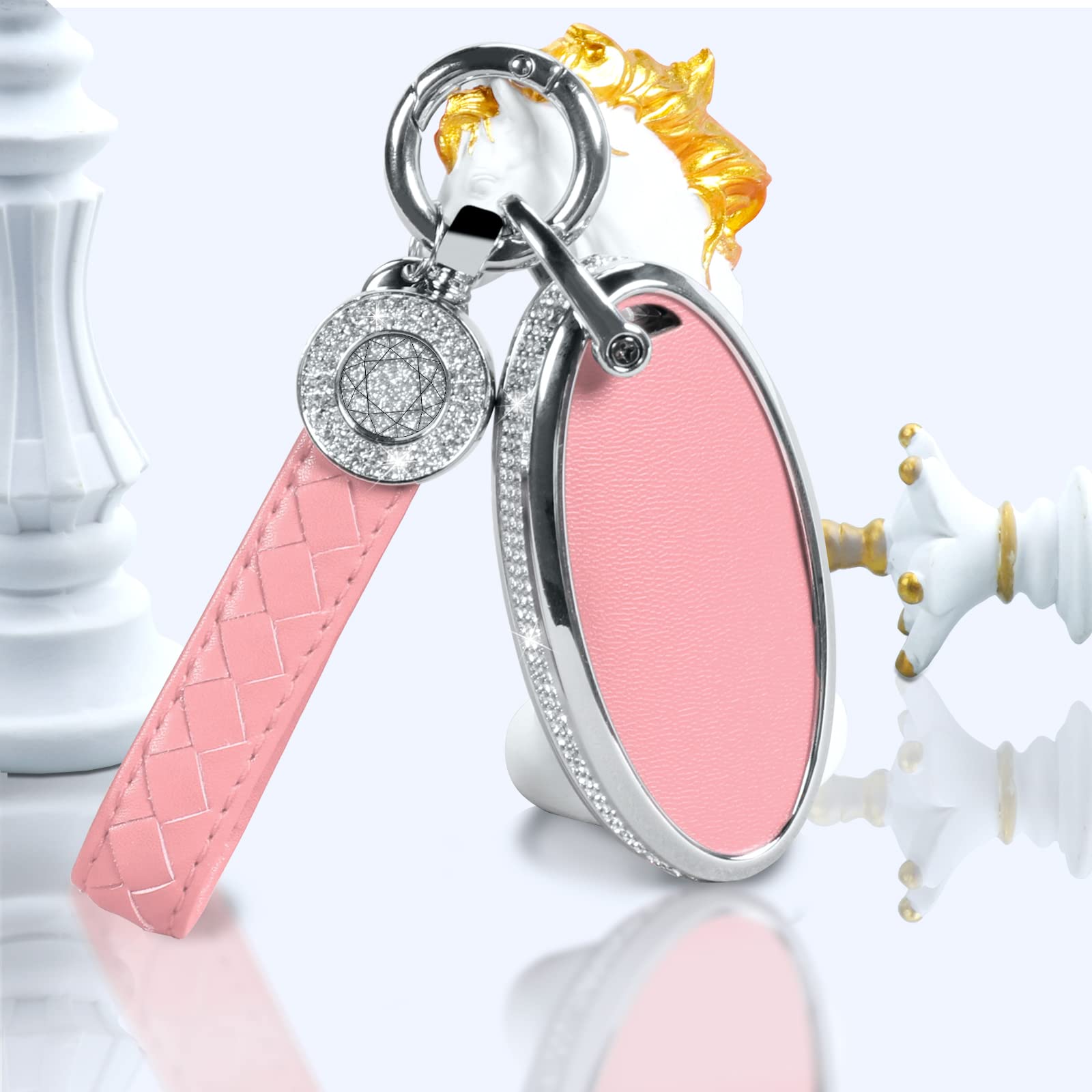 Ruabiban For Nissan Key Fob Cover With Keychain, Pink Leather Crystal Key Case Protection Shell Compatible With Nissa 5 Buttons