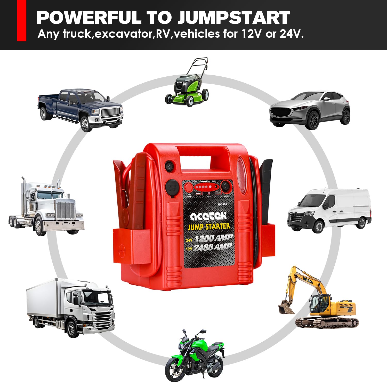 24V / 12V Jump Starter, acetek 1200/2400 Peak Amp Battery Jump Starter for Truck Car Tractor Excavator, Heavy Duty Jump Box Batt
