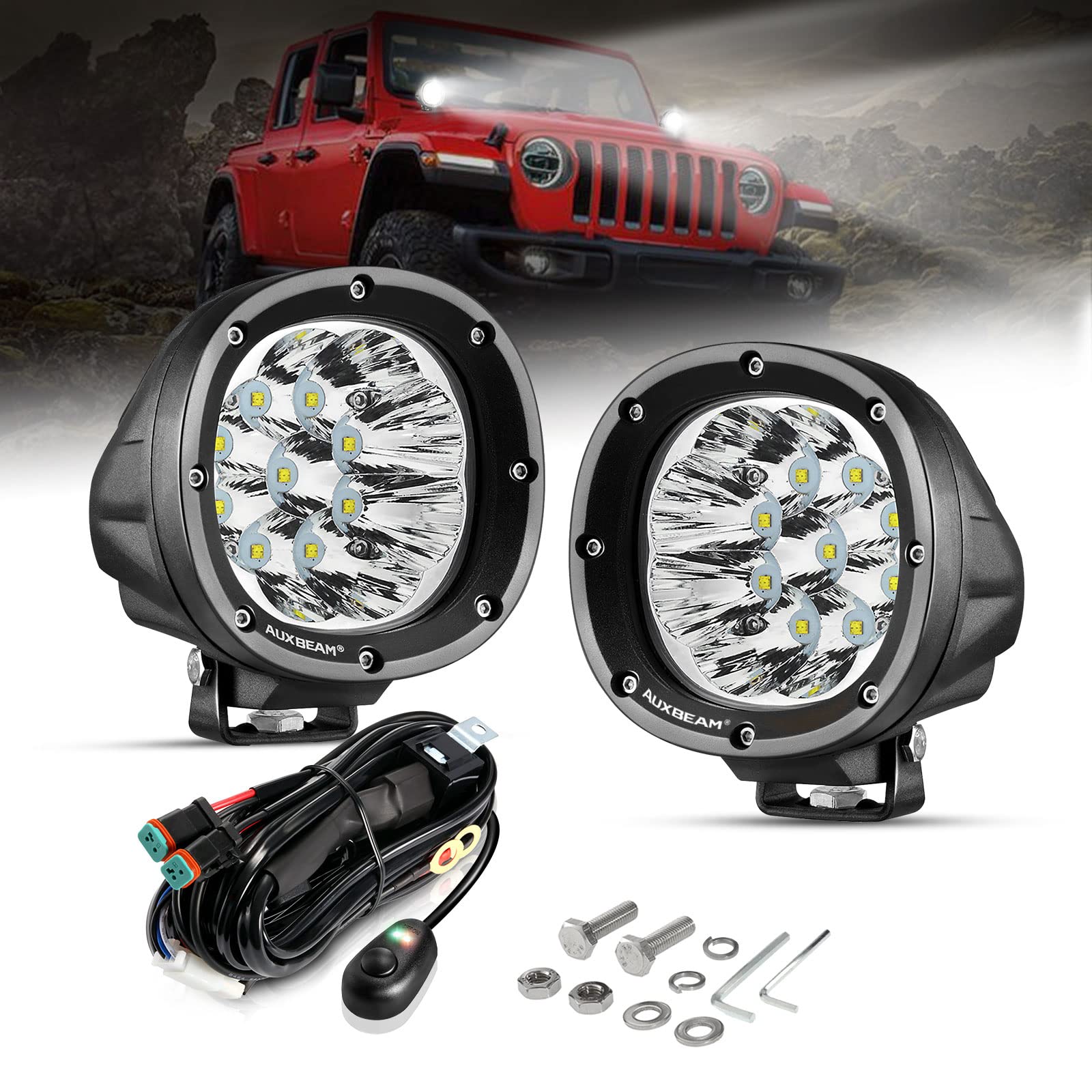 Auxbeam 4 Inch Round Led Offroad Lights 2Pcs 90W Led Light Pods Round Led Driving Lights Spot Work Fog Light With Wiring Harness