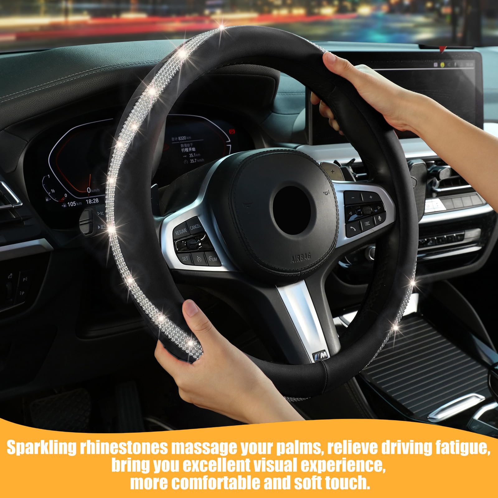 New Diamond Leather Steering Wheel Cover with Bling Crystal Rhinestone, Delicate and Anti-Slip Sparkly ,Fit 14'' 1/2-15'' Car Wh