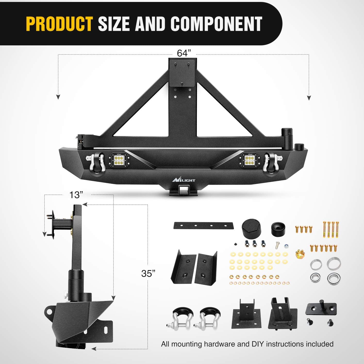 Nilight Rear Bumper & Spare Tire Rack & Hitch Receiver W/2 Led Lights Compatible For 2007-2018 Jeep Wrangler Jk For 2007-2018 Je