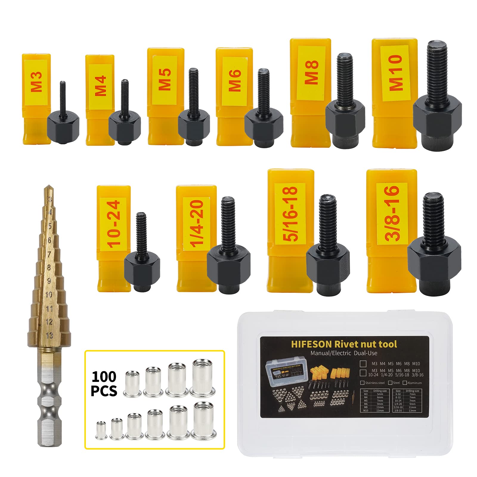 Hifeson Rivet Nut Tool Hand Nuts Riveter Rivnut Tool Metric And Sae With Step Drill Accessory For Stainless Steel Nuts M3 M4 M5