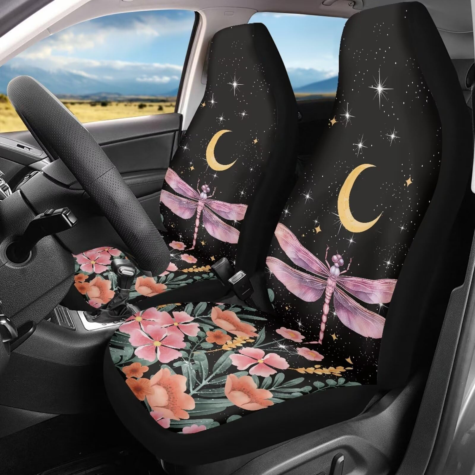 Whosucclay Moon Stars Floral Dragonfly Seat Cover for Women & Men, Universal Fit for Car, SUV, Sedan, Truck - Decor
