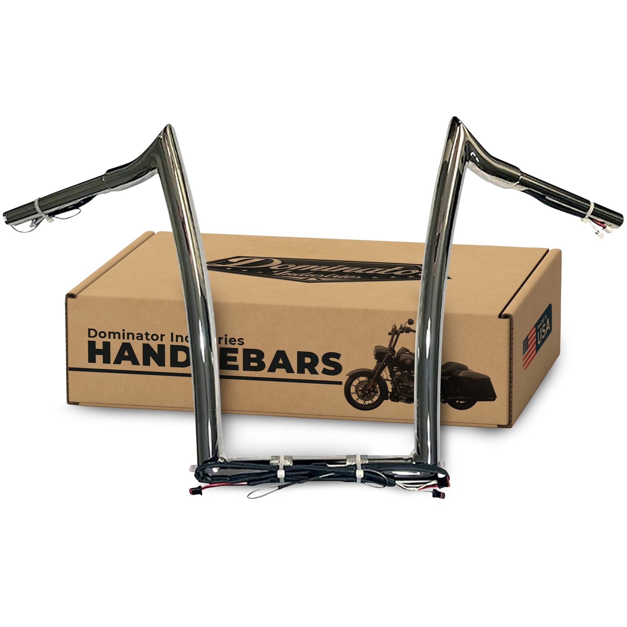 Pre Wired Dominator Industries 1 1/4 Inch Road Glide Meathook Ape Hanger Handlebars, 14 Inch Rise, Chrome For 2015-2022 Harley Road Glides