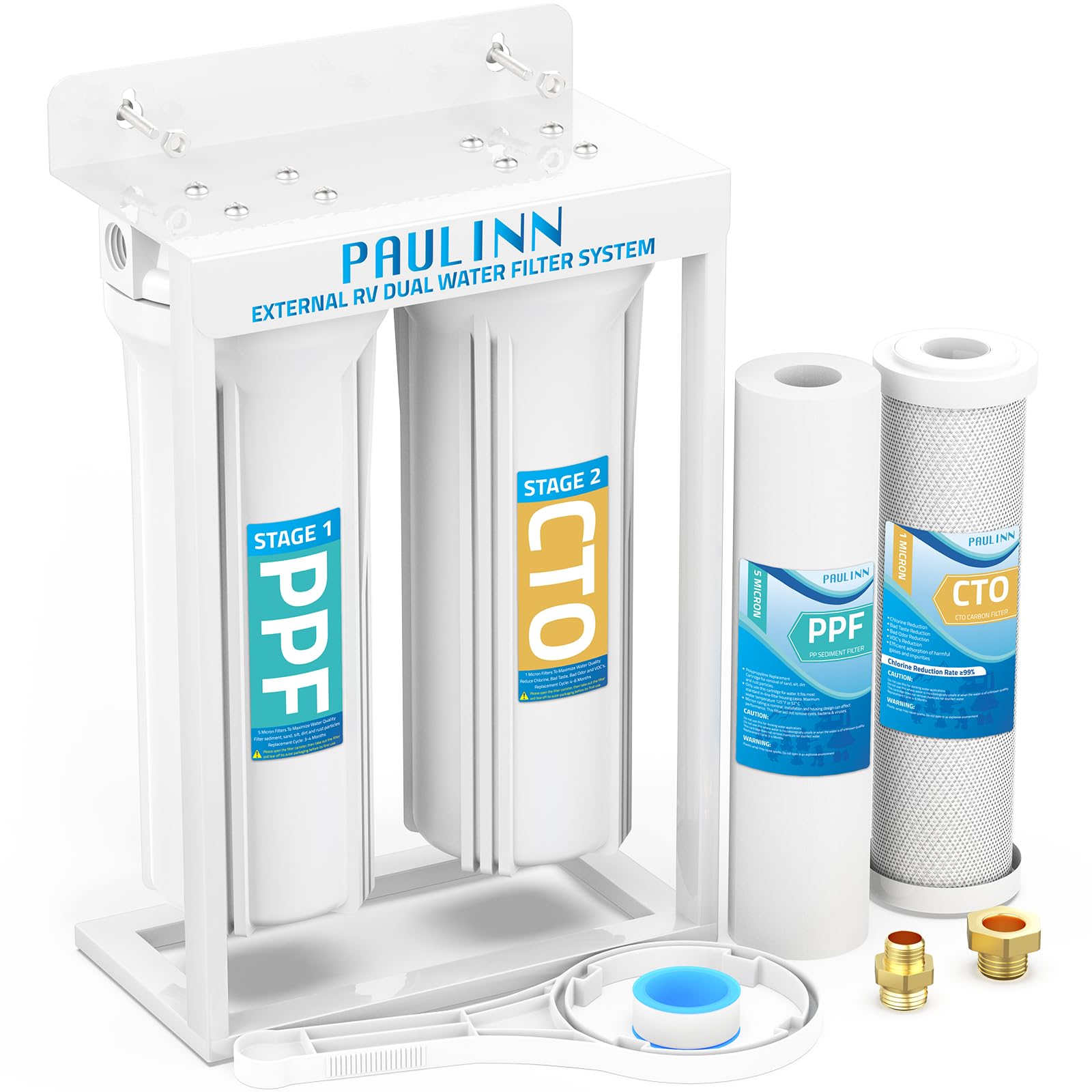 Paulinn External Rv Dual Water Filters System, Lead-Free & Bpa-Free Camper Water Filter With Brass Fittings & Mounting Bracket &