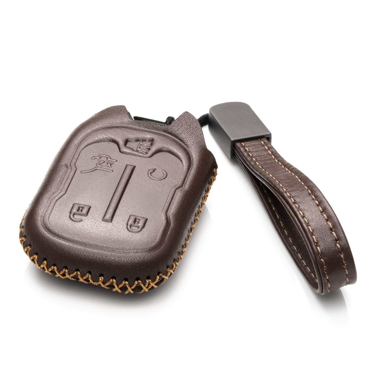 Vitodeco Genuine Leather Smart Key Fob Case with Leather Strap Compatible for GMC Acadia, GMC Terrain 2017 - 2023 (5-Button, Brown)